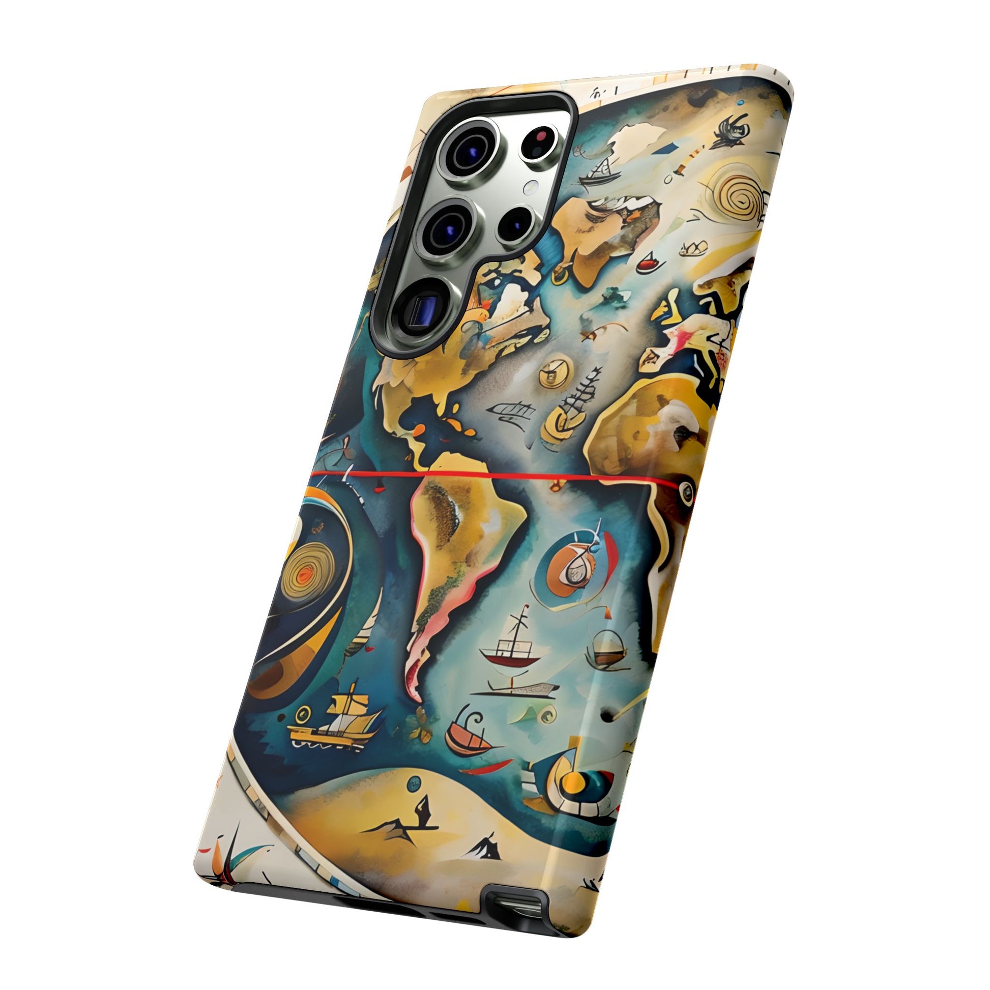 Celestial Map Samsung Galaxy phone case angled view showing detailed world map and celestial artwork