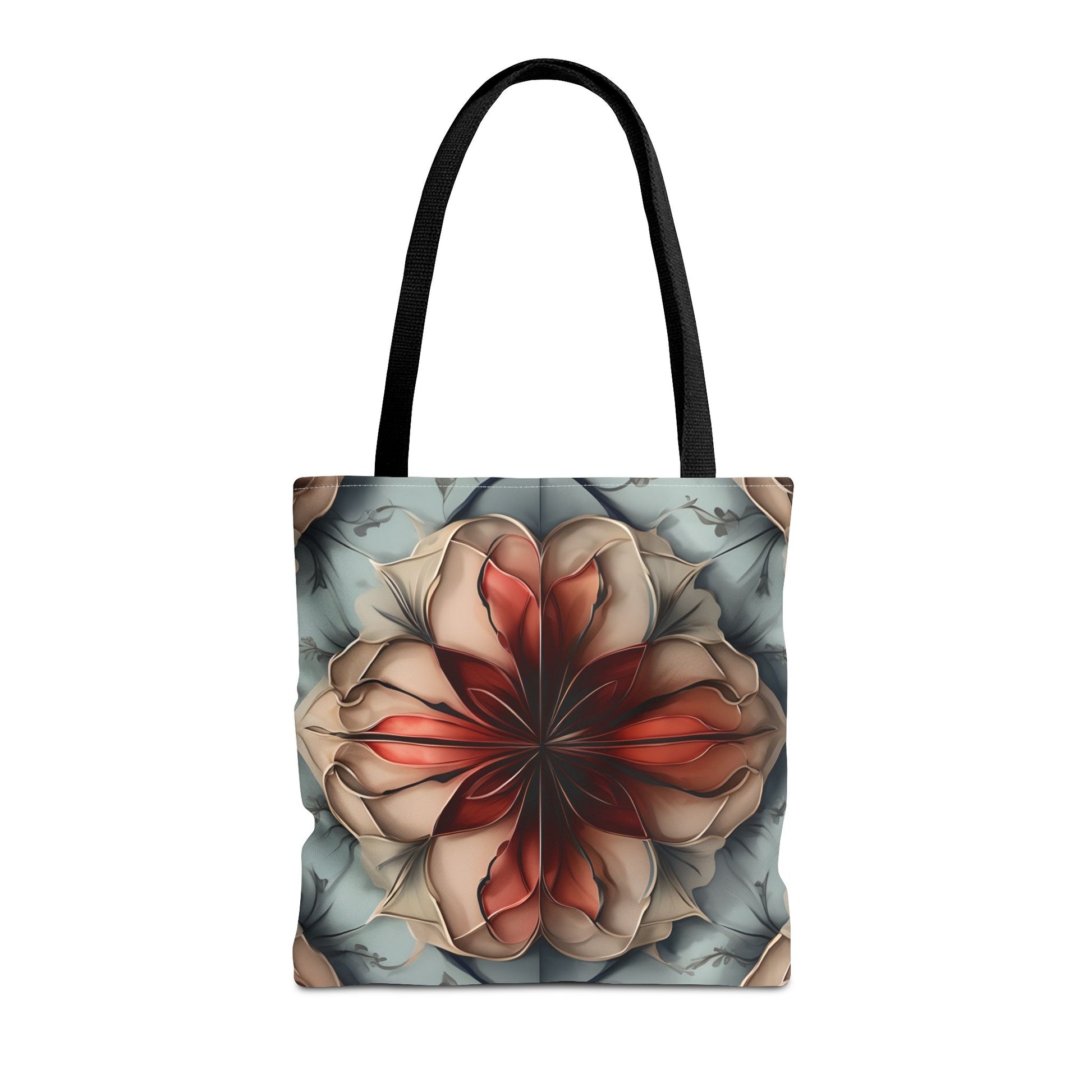 Ember Bloom canvas tote bag featuring bold red floral bloom design with black handles