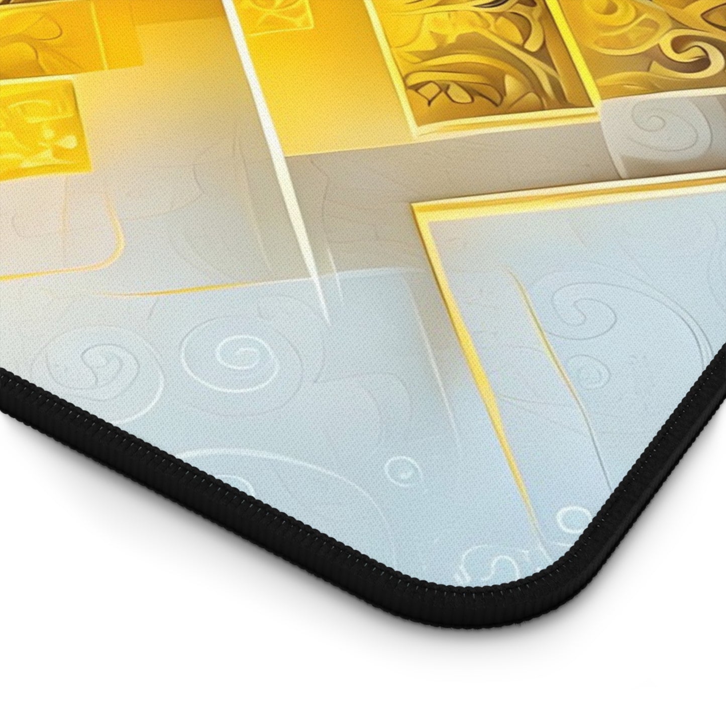 Close-up of Golden Ascent desk mat showing detailed gold geometric pattern