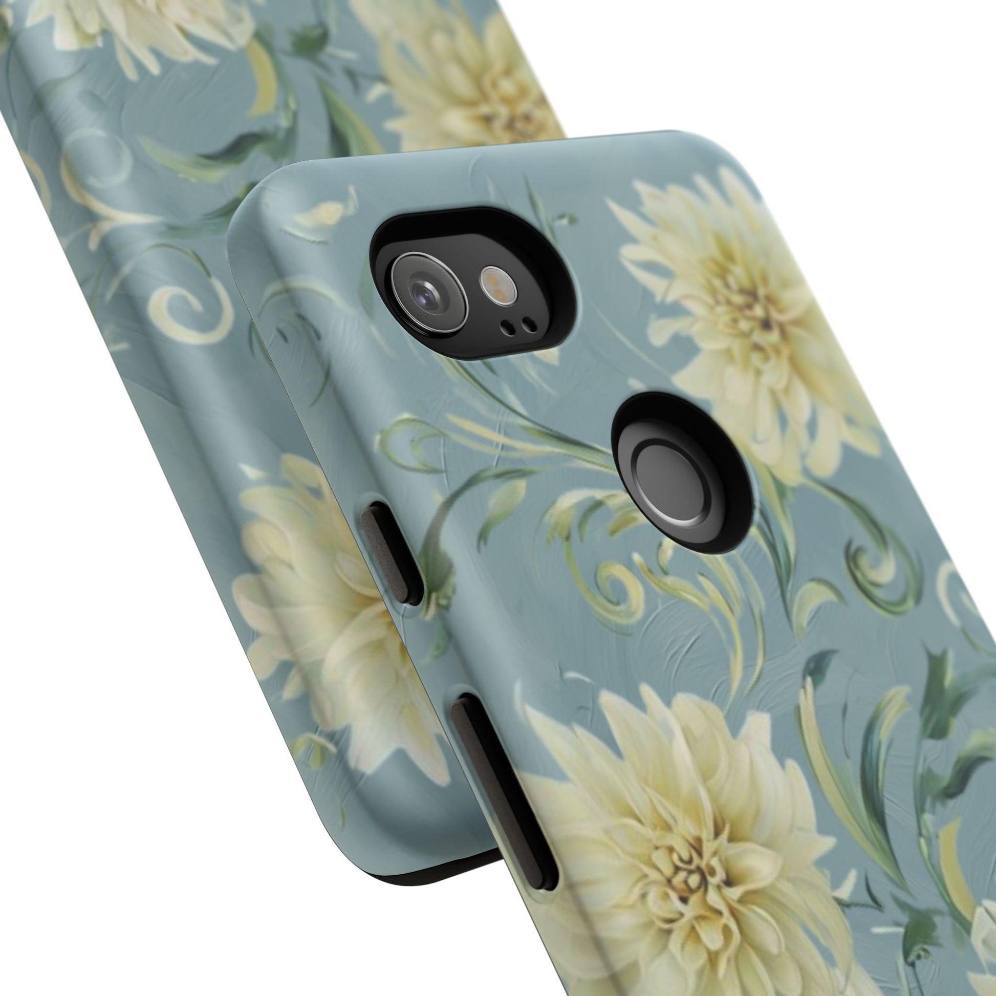 Golden Dahlia Trio - Elegant Floral Google Pixel 2XL Tough Phone Case - Artistic White & Blue Dahlia Design