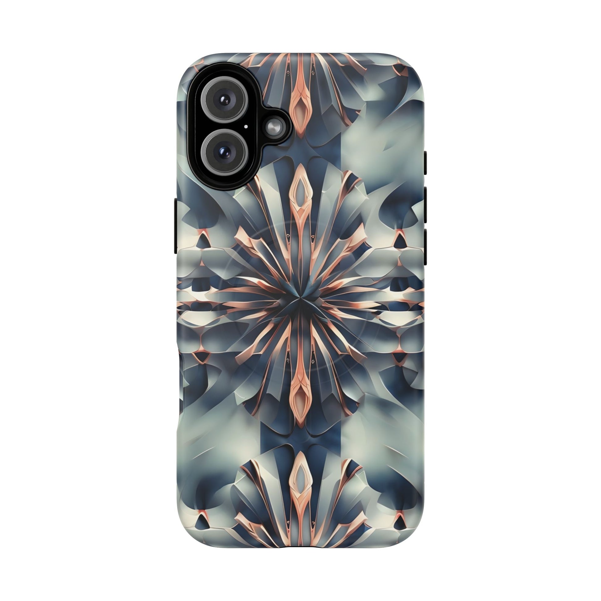 Obsidian Kaleidoscope Artistic Floral Burst - iPhone 16 Plus MagSafe Phone Case -Blue, Peach and Silver Symmetrical Design