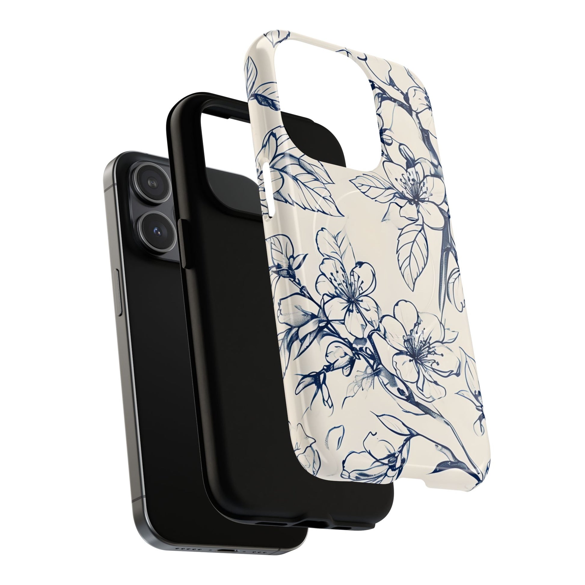 Blossom Sketch - Artistic Blue Floral - iPhone 15 Pro MagSafe Phone Case - Hand-Drawn Botanical Design