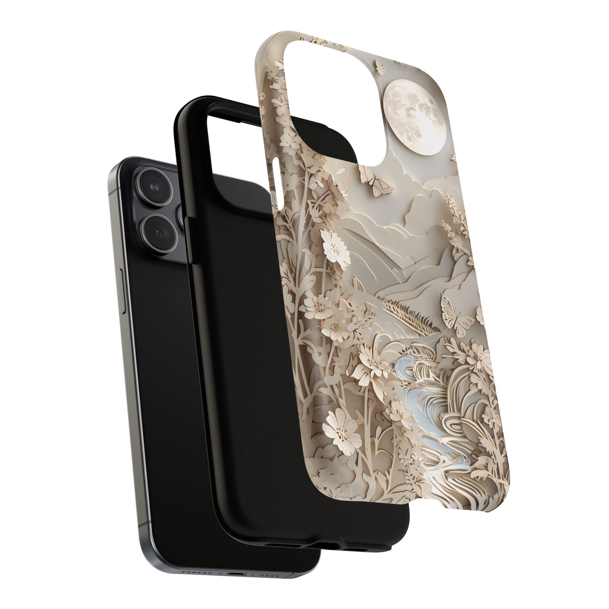 Moonlit Garden - Elegant Neutral Floral iPhone 15 Pro Max MagSafe Phone Case - Painterly Botanical & Moon Design