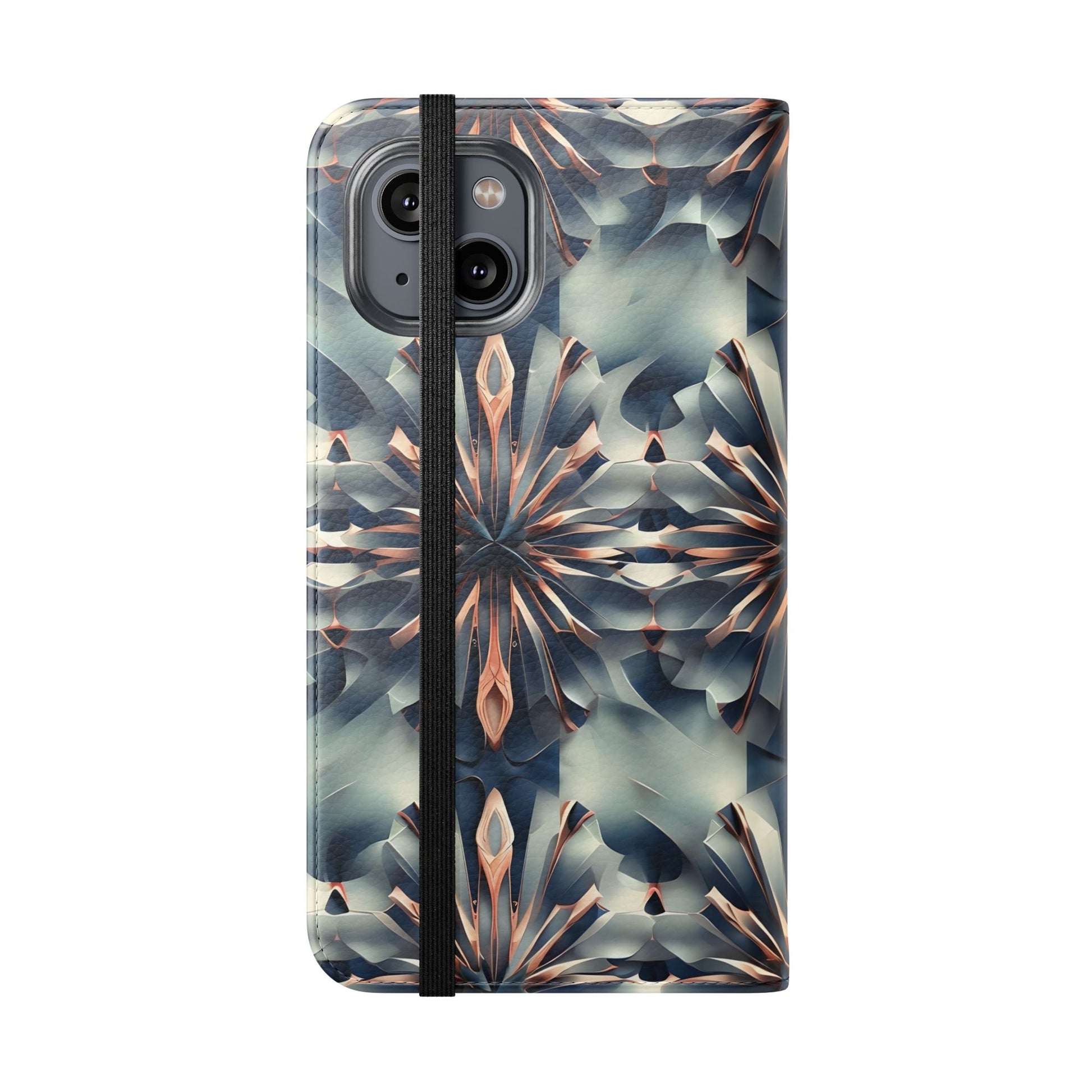 Obsidian Kaleidoscope iPhone 14 Wallet Case - Elegant Abstract Flip Cover with Card Slots