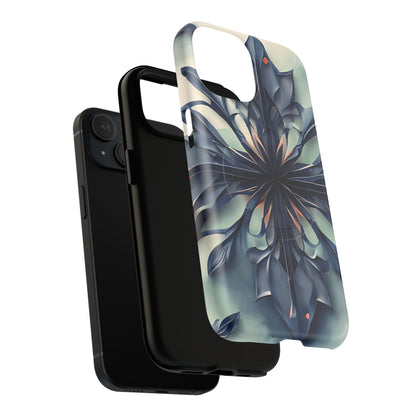 Frosted Indigo Bloom iPhone MagSafe case featuring a symmetrical abstract floral design in deep indigo and soft blue tones in exploded view showing the dual layer protection.