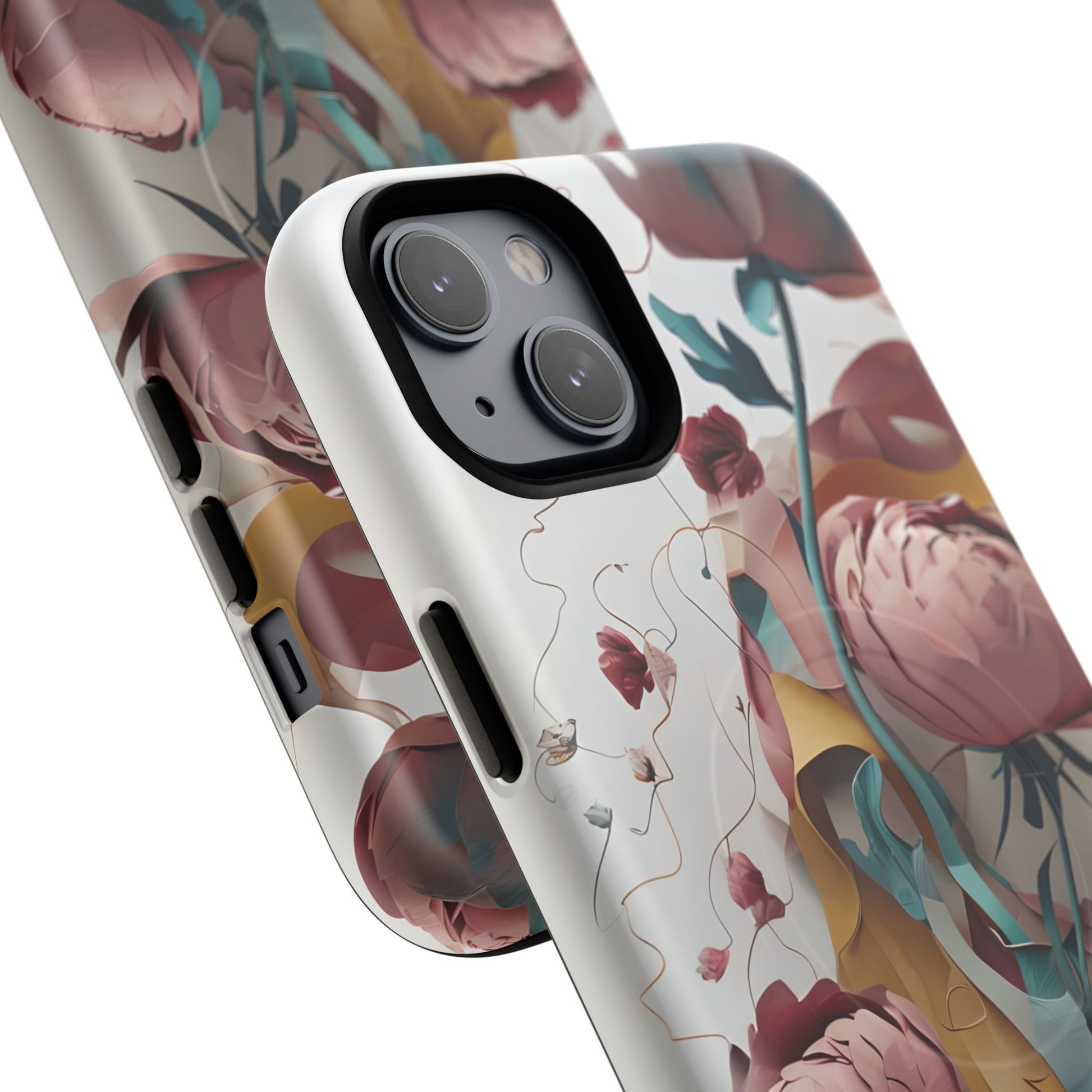 Blushing Peony Veil - Elegant Painterly Floral iPhone 14 Plus MagSafe Phone Case - Soft Blush & Teal Peony Design