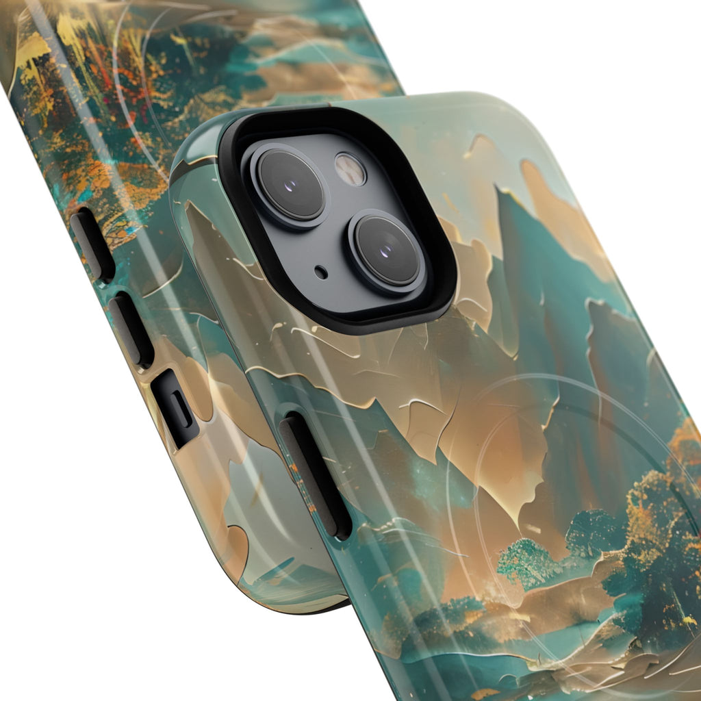 Misty Horizon - Serene Landscape Art iPhone 14 MagSafe Phone Case - Tranquil Mountain & Lake Design