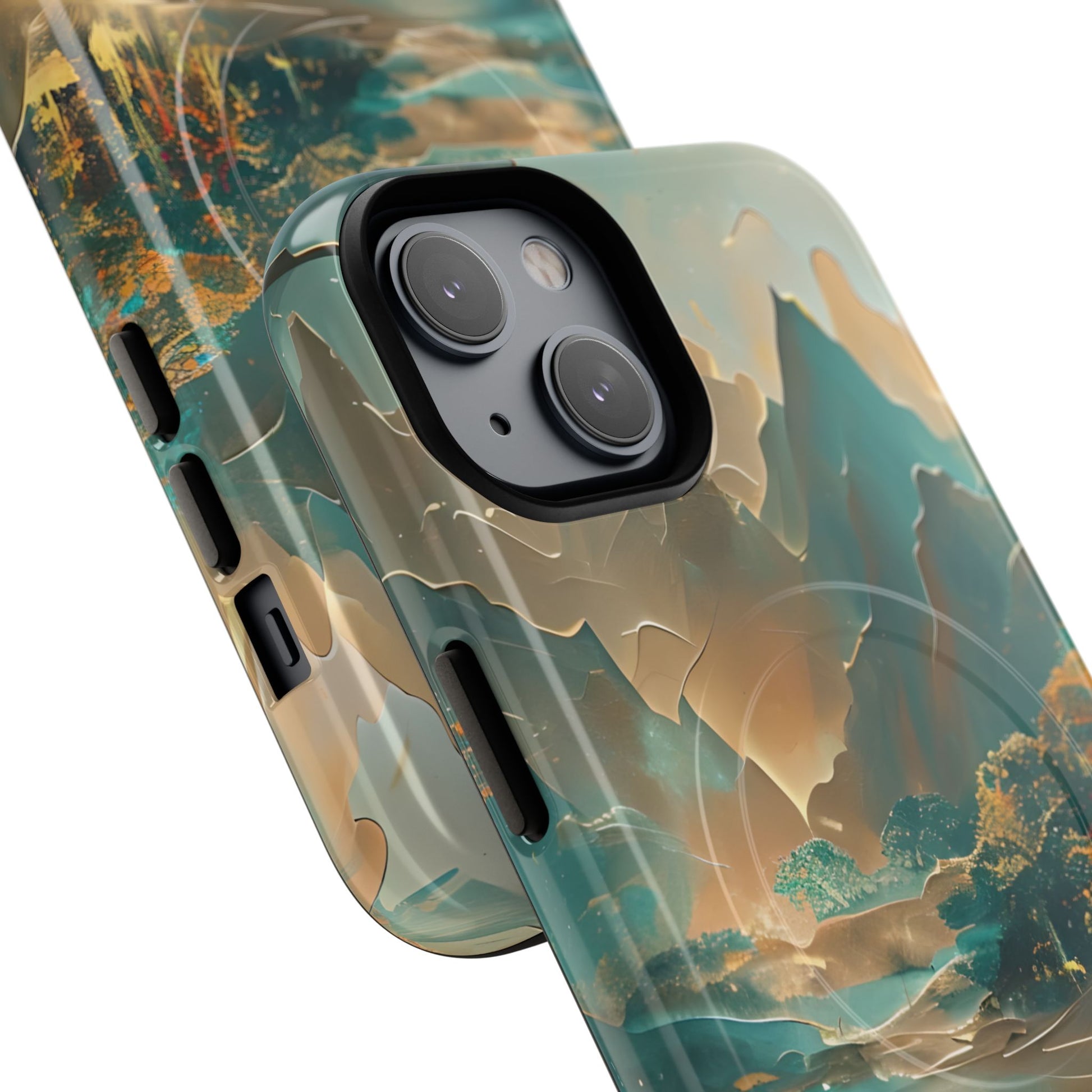 Misty Horizon - Serene Landscape Art iPhone 14 MagSafe Phone Case - Tranquil Mountain & Lake Design
