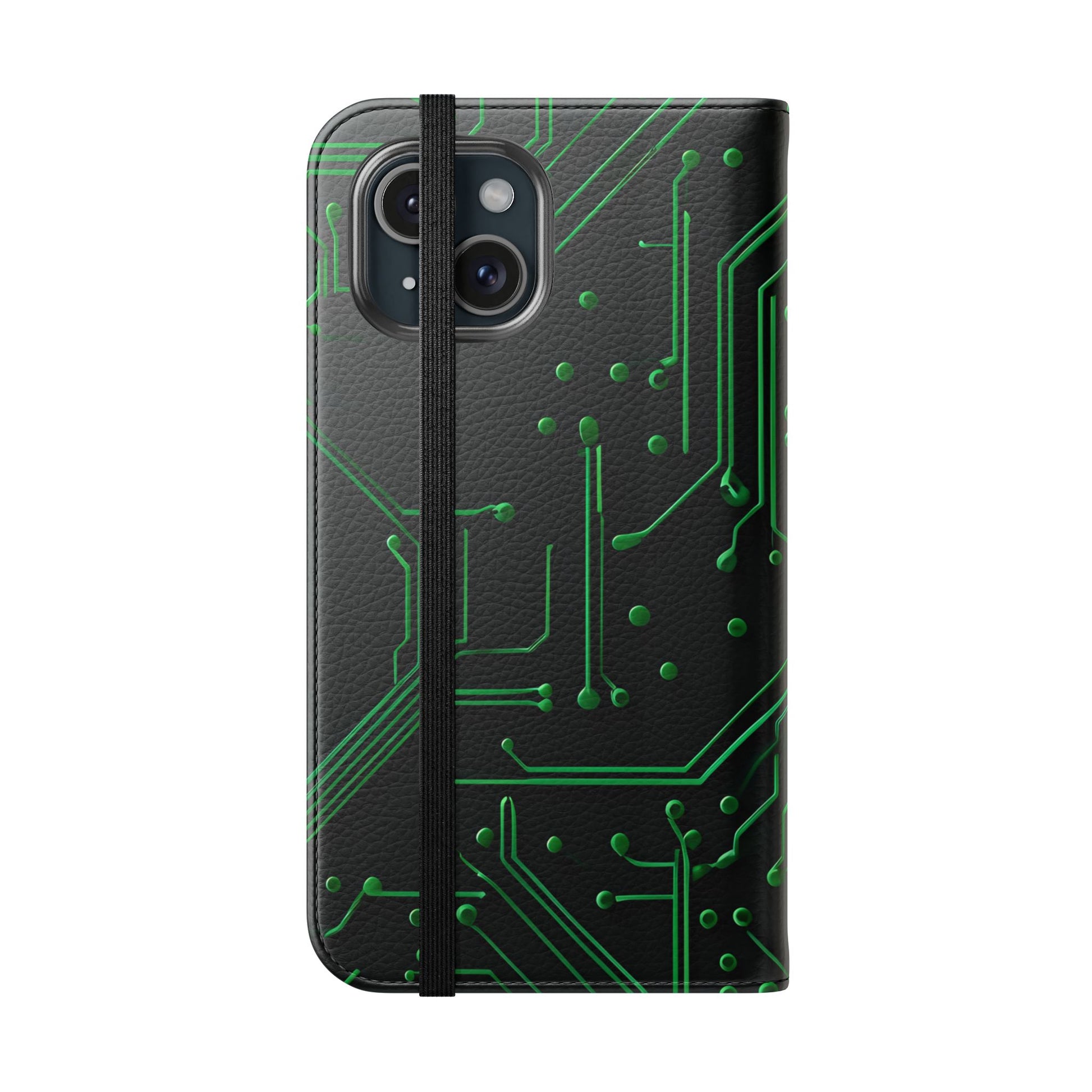 Green Circuit Grid Wallet Phone Case - Green & Black Computer Circuit Design - Flip Cover for iPhone 15