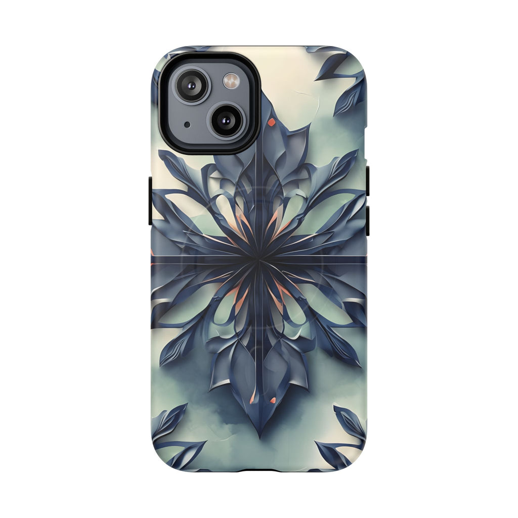 Frosted Indigo Bloom - Artistic Kaleidoscope Collection Artistic Floral - iPhone 14 MagSafe Phone Case -Blue Symmetrical Design