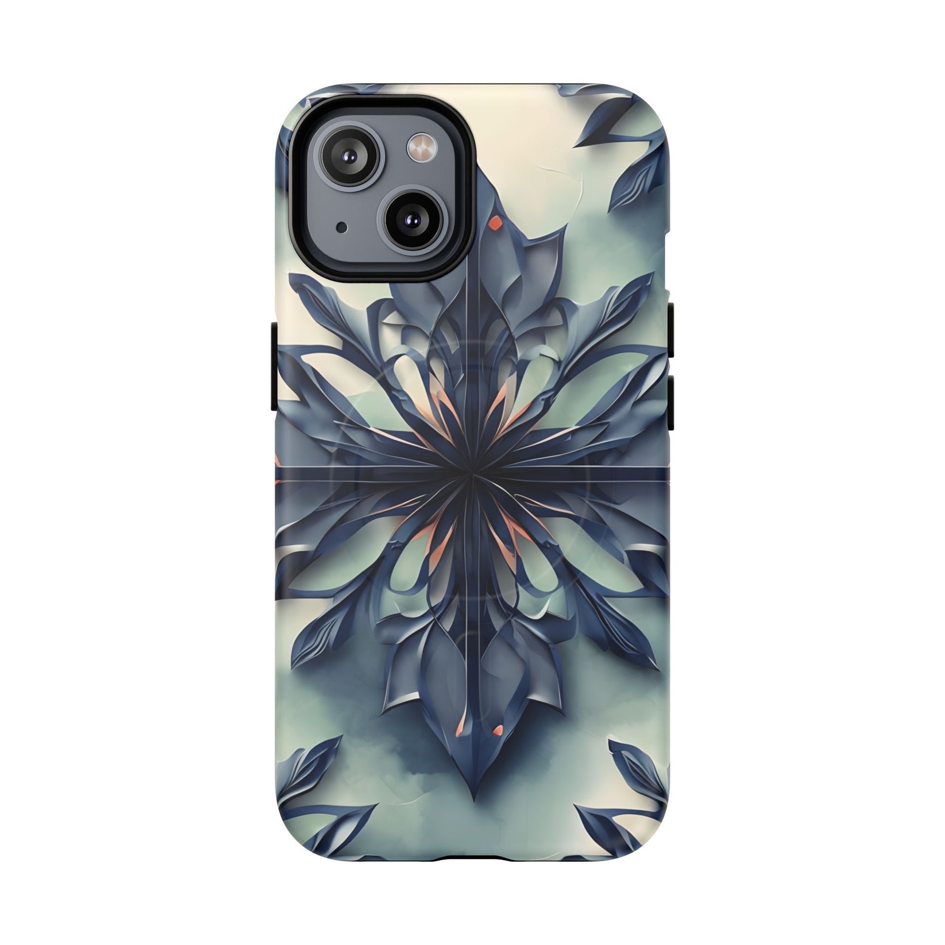 Frosted Indigo Bloom - Artistic Kaleidoscope Collection Artistic Floral - iPhone 14 MagSafe Phone Case -Blue Symmetrical Design