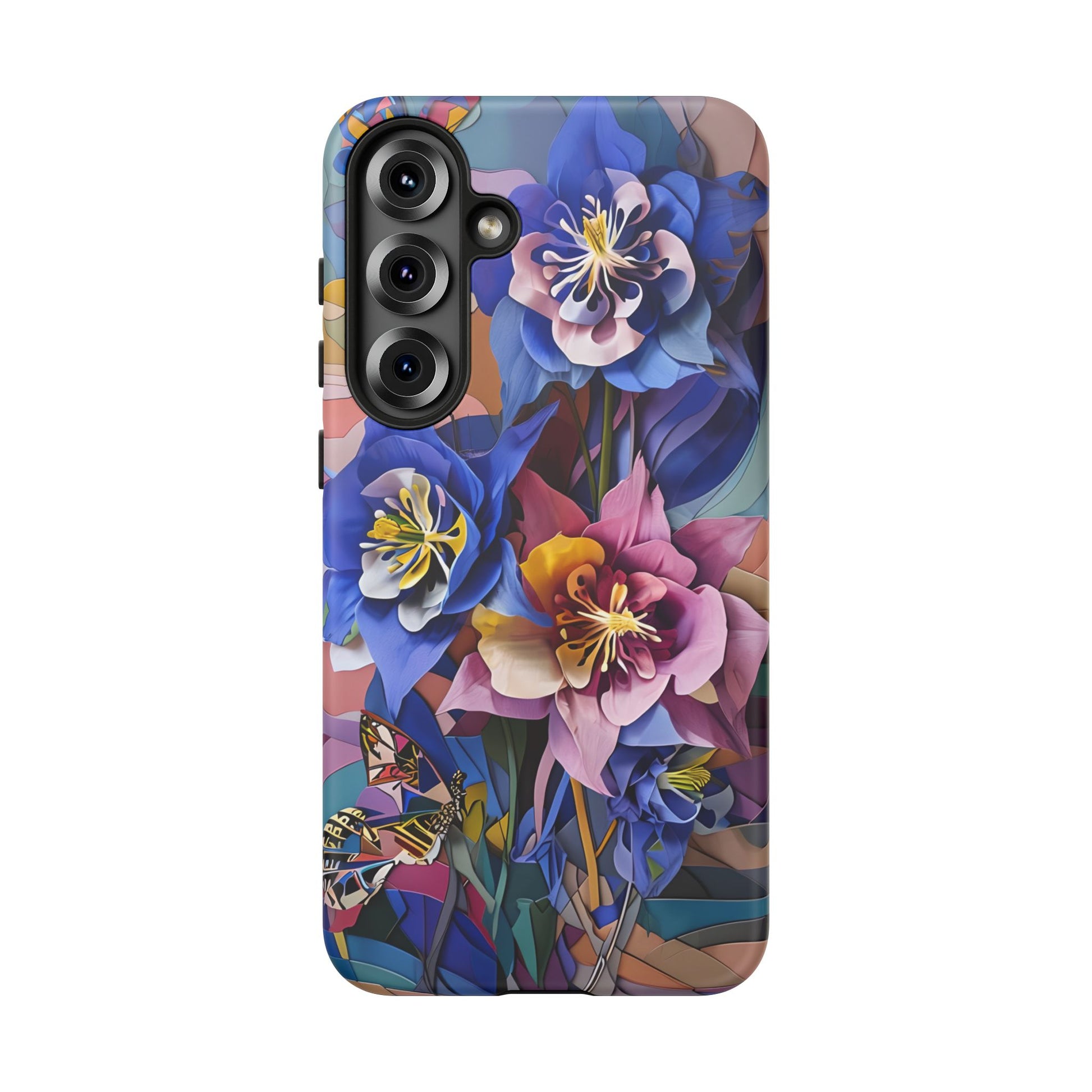 Blue Columbine Carnivale - Artistic Floral & Butterfly Samsung S25 Plus Tough Phone Case - Vibrant Botanical Design