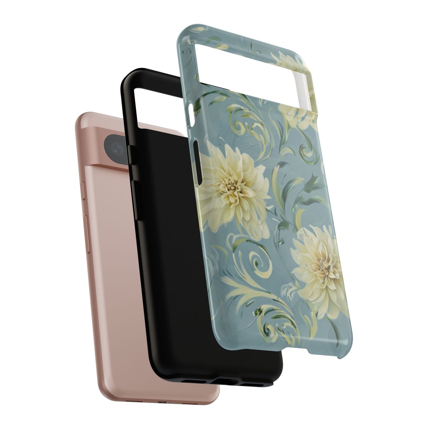 Golden Dahlia Trio - Elegant Floral Google Pixel Tough Phone Case - Artistic White & Blue Dahlia Design