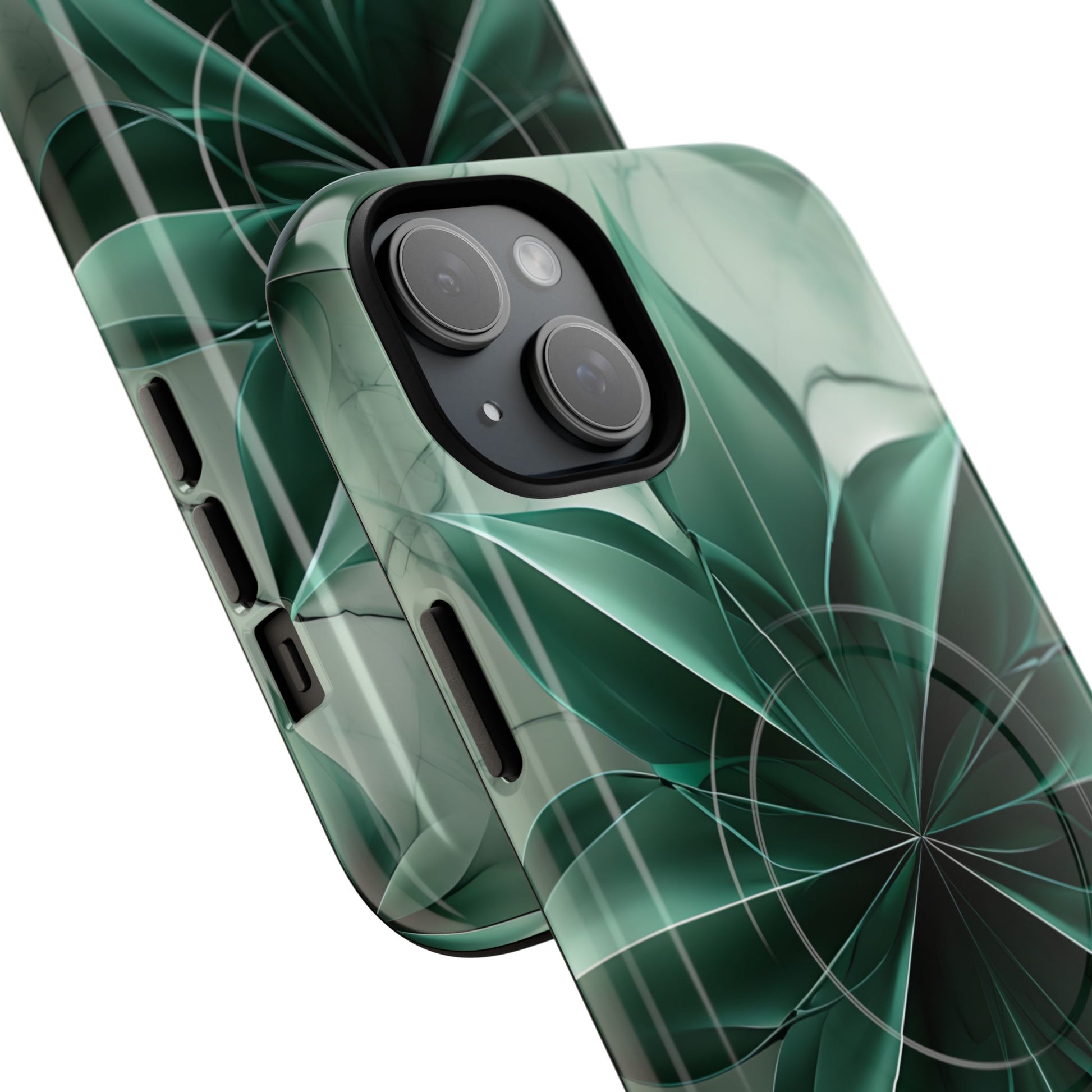 Emerald Bloom iPhone 15 Plus MagSafe Phone Case -Modern Symmetrical Floral Design, Green