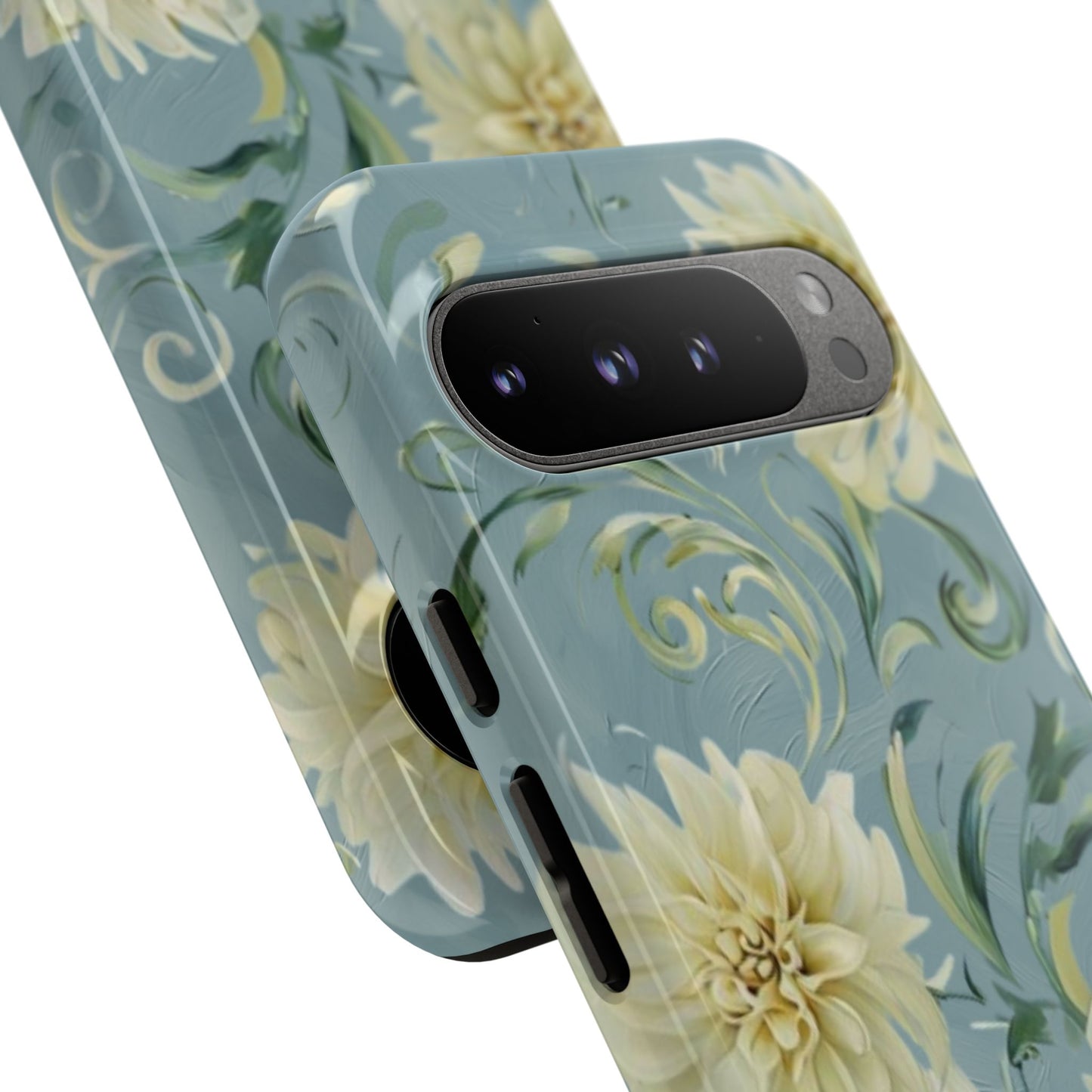 Golden Dahlia Trio - Elegant Floral Google Pixel Tough Phone Case - Artistic White & Blue Dahlia Design