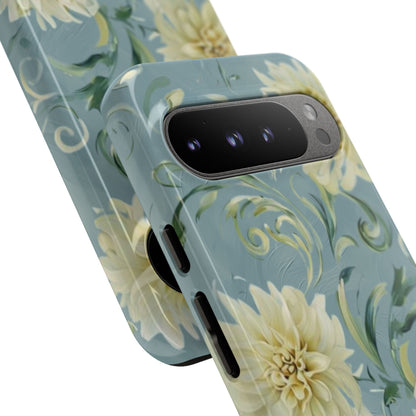 Golden Dahlia Trio - Elegant Floral Google Pixel Tough Phone Case - Artistic White & Blue Dahlia Design