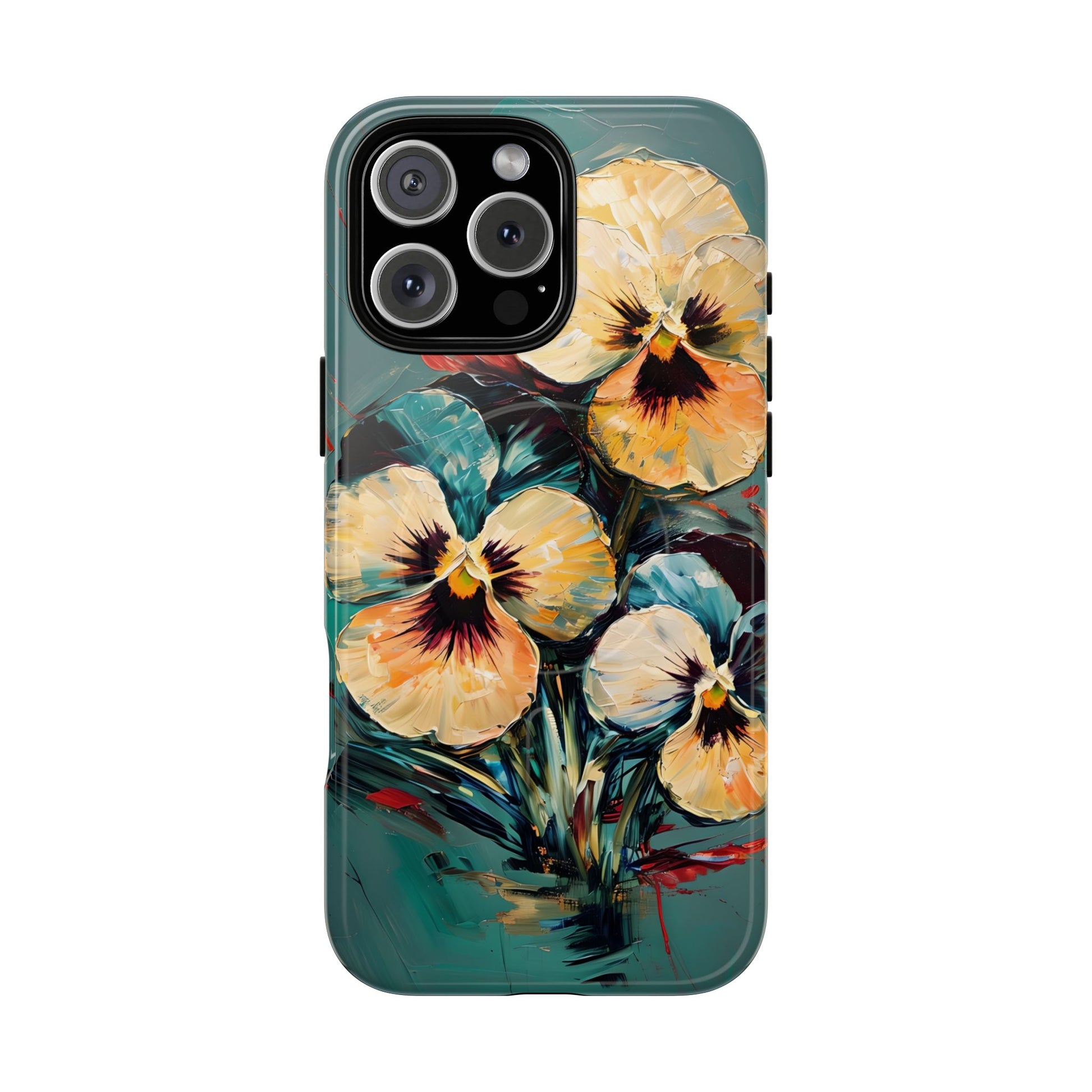 Golden Pansy Cascade - Elegant Floral iPhone 16 Pro Max MagSafe Case with Deep Teal Background