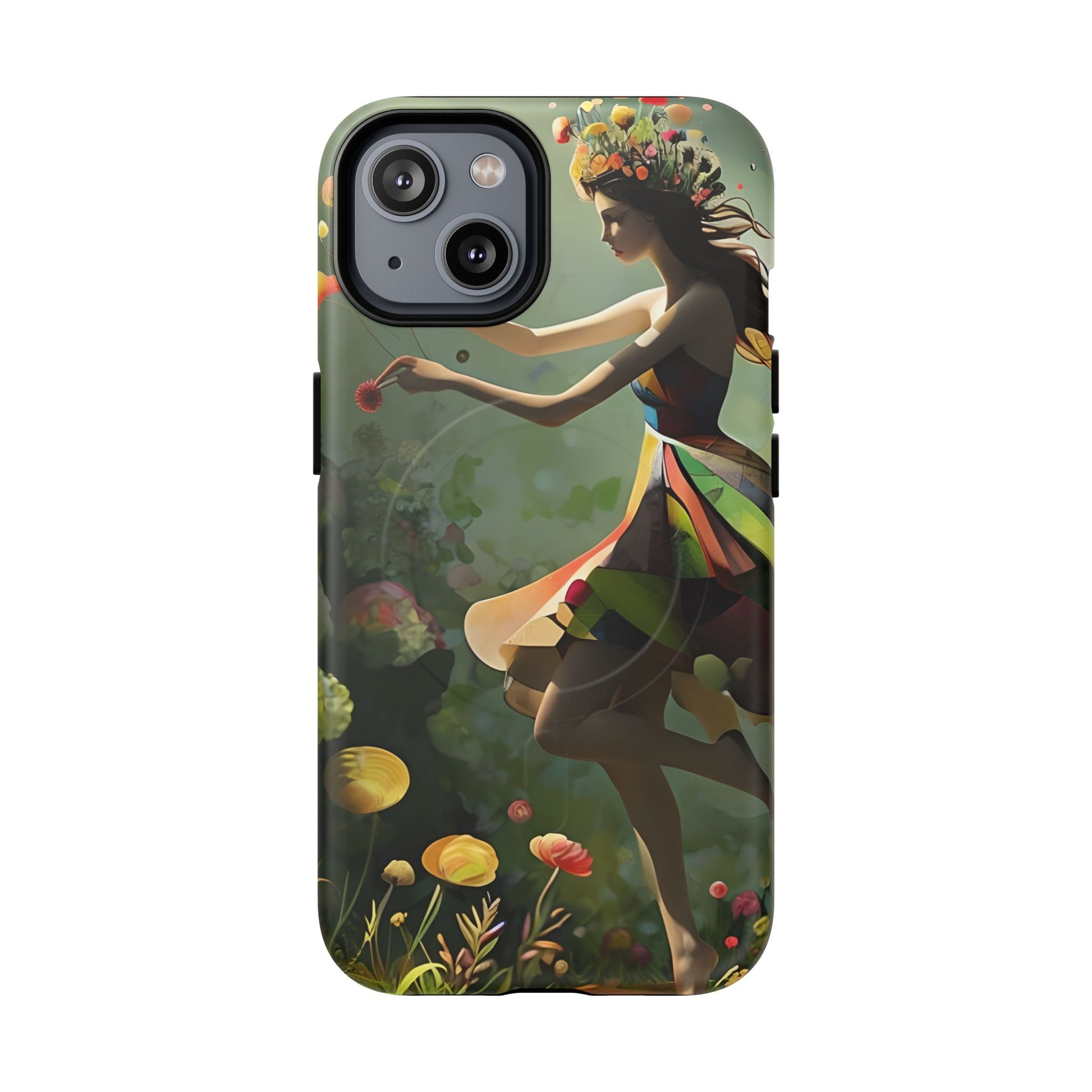 Dancing Wildflower Muse iPhone 14- Artistic Floral Fantasy Cover - MagSafe Compatible - Whimsical Nature-Inspired Protective Accessory