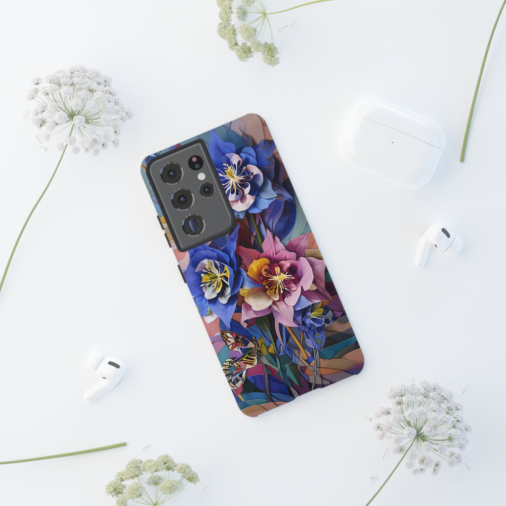 Blue Columbine Carnivale - Artistic Floral & Butterfly Samsung S21 Ultra Tough Phone Case - Vibrant Botanical Design