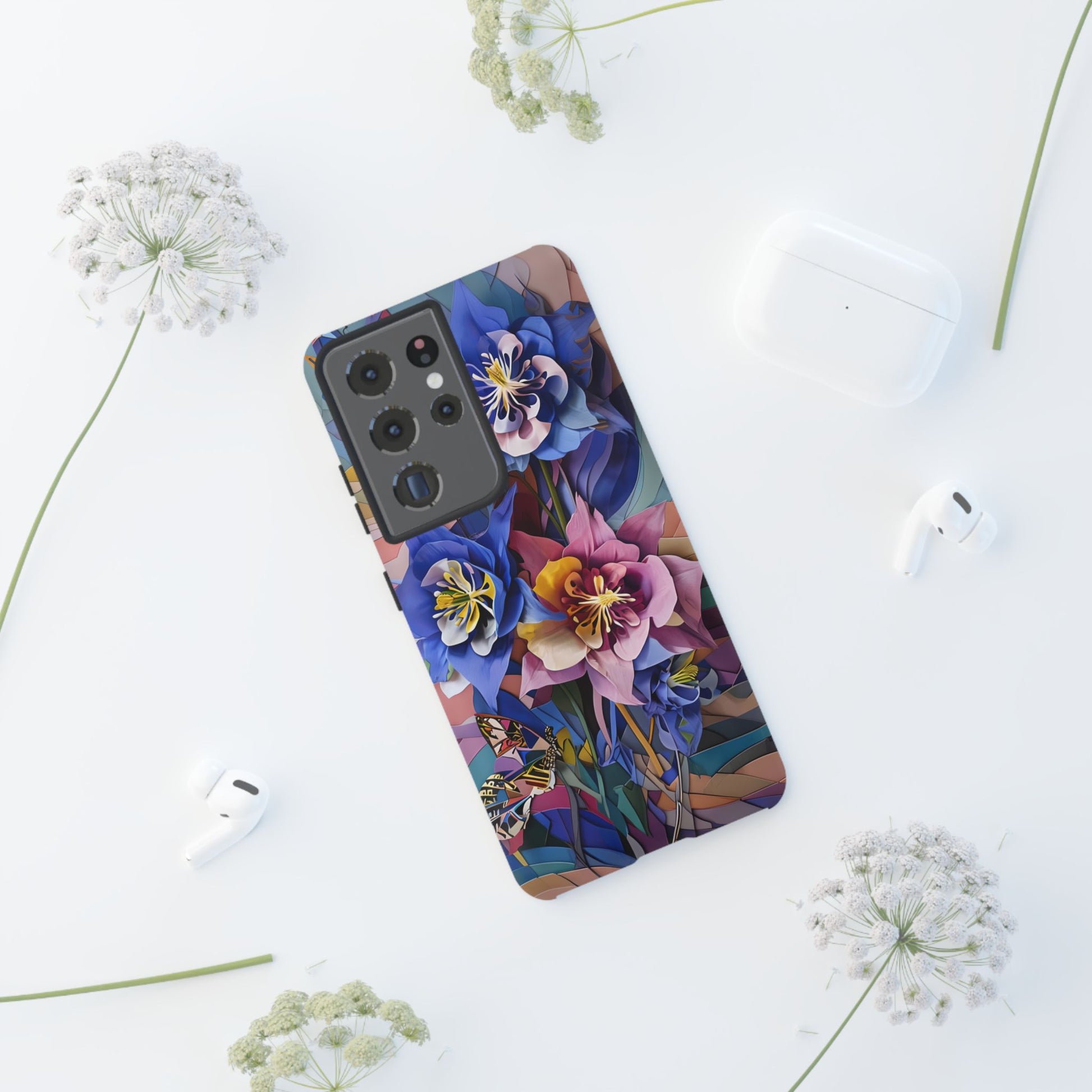 Blue Columbine Carnivale - Artistic Floral & Butterfly Samsung S21 Ultra Tough Phone Case - Vibrant Botanical Design