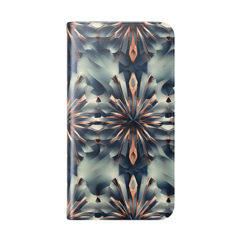Obsidian Kaleidoscope iPhone 14 Wallet Case - Elegant Abstract Flip Cover with Card Slots