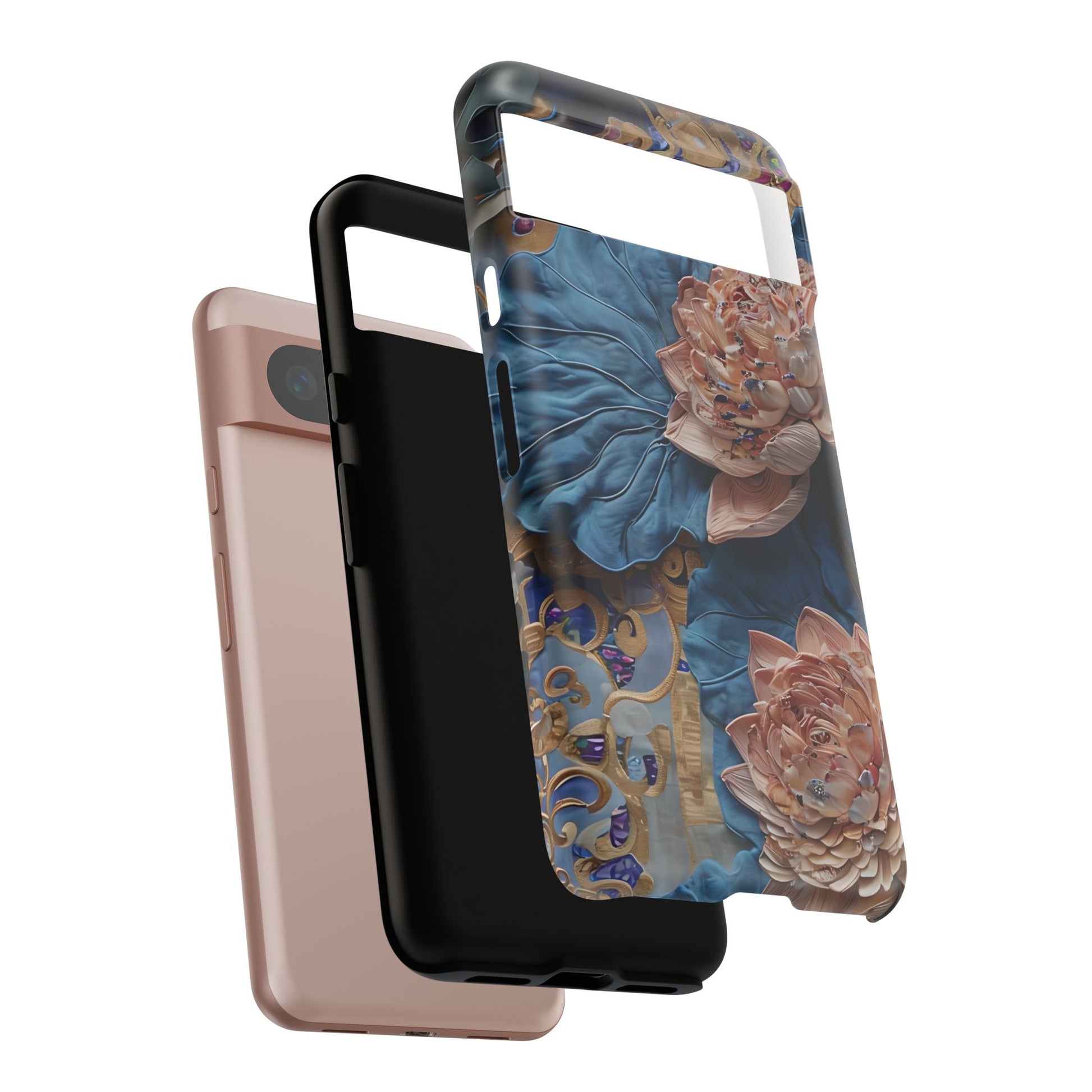 Peony Midnight Tapestry - Google Pixel 8 - Elegant Blue & Blush Artful Phone Cover