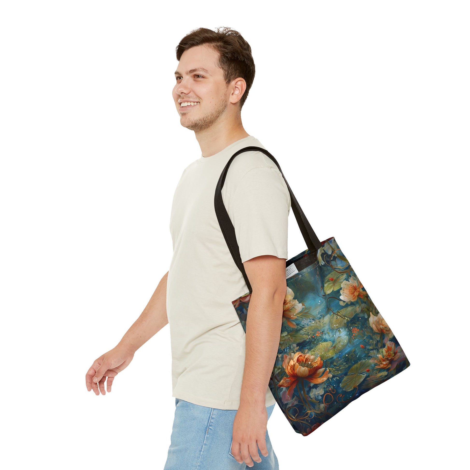 Waterlily Nocturne Canvas Tote Bag (16x16 & 18x18)- Premium Navy Handle Designer Tote, Artistic Eco-Friendly Shopping Bag