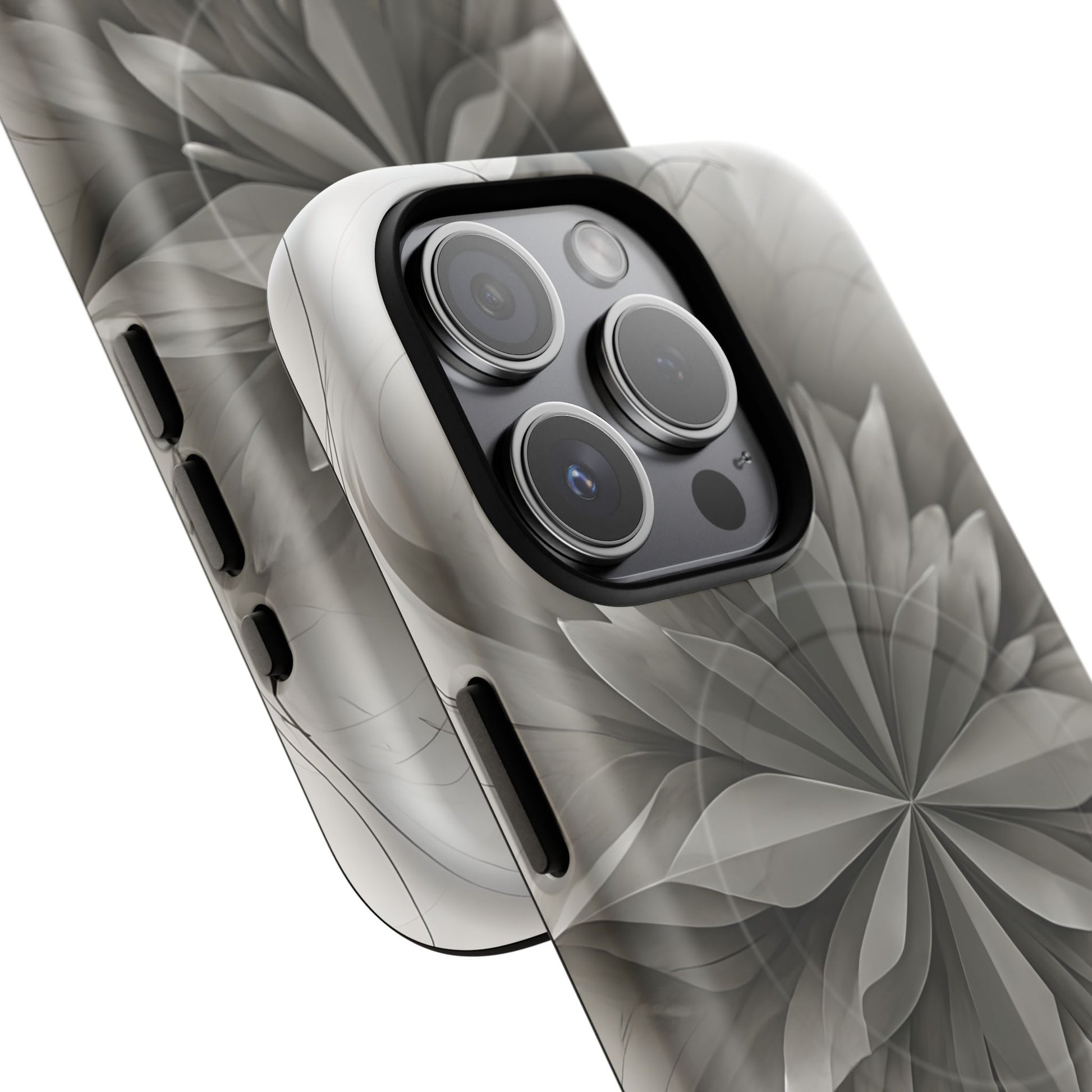 Silver Lotus - Elegant Monochrome Floral iPhone 15 Pro MagSafe Phone Case - Modern Lotus Design
