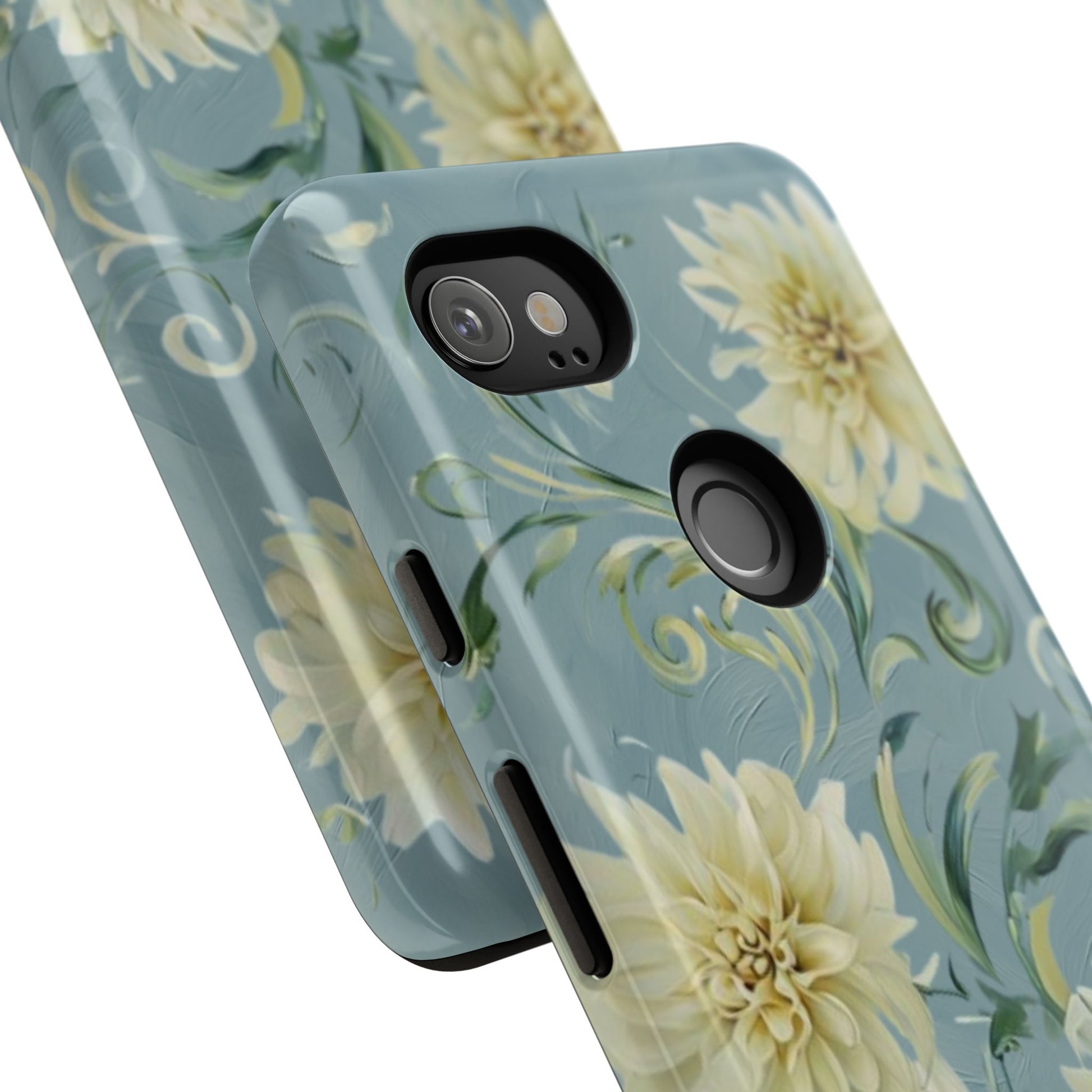 Golden Dahlia Trio - Elegant Floral Google Pixel 2XL Tough Phone Case - Artistic White & Blue Dahlia Design