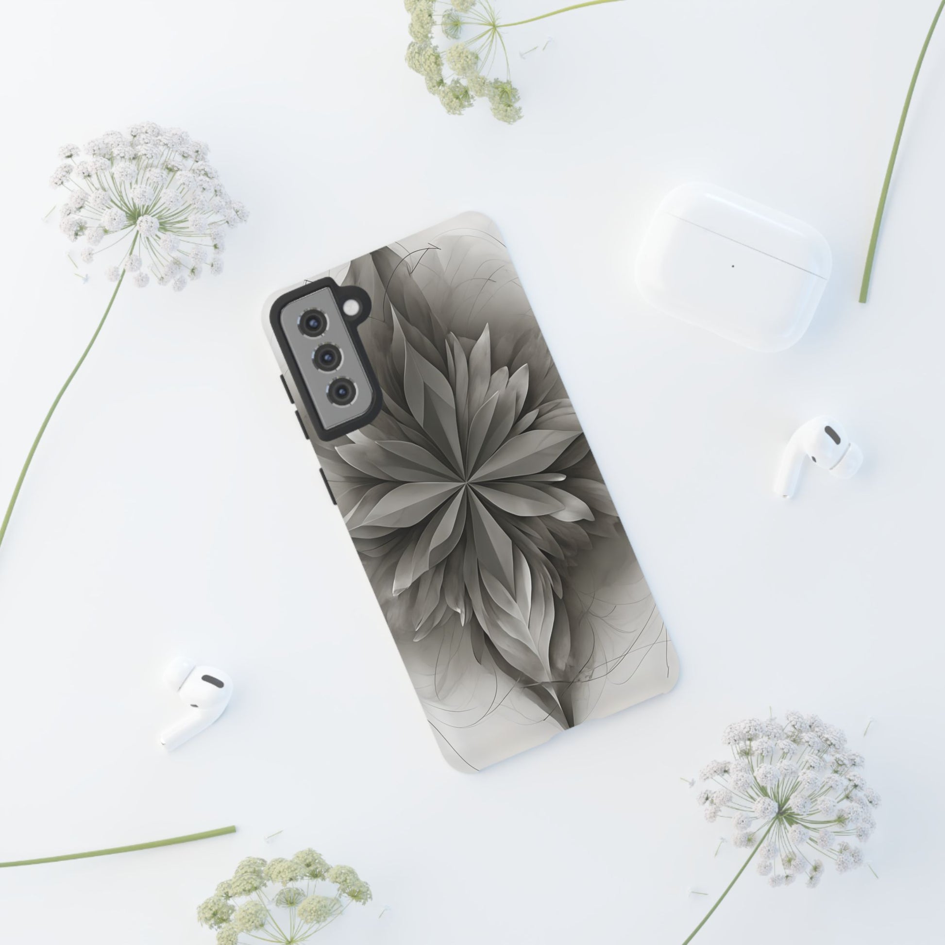 Silver Lotus - Elegant Monochrome Floral Samsung Galaxy S21 Plus Tough Phone Case - Modern Lotus Design