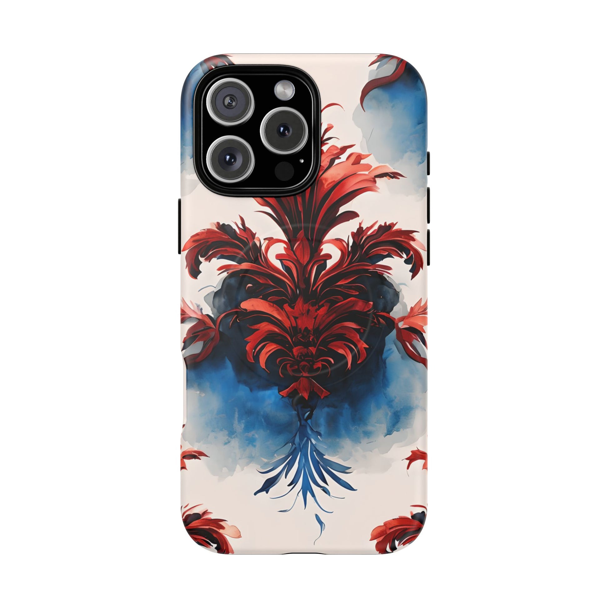 Crimson Plume - Bold Artistic Feather iPhone 16 Pro Max MagSafe Phone Case - Dramatic Red & Blue Design