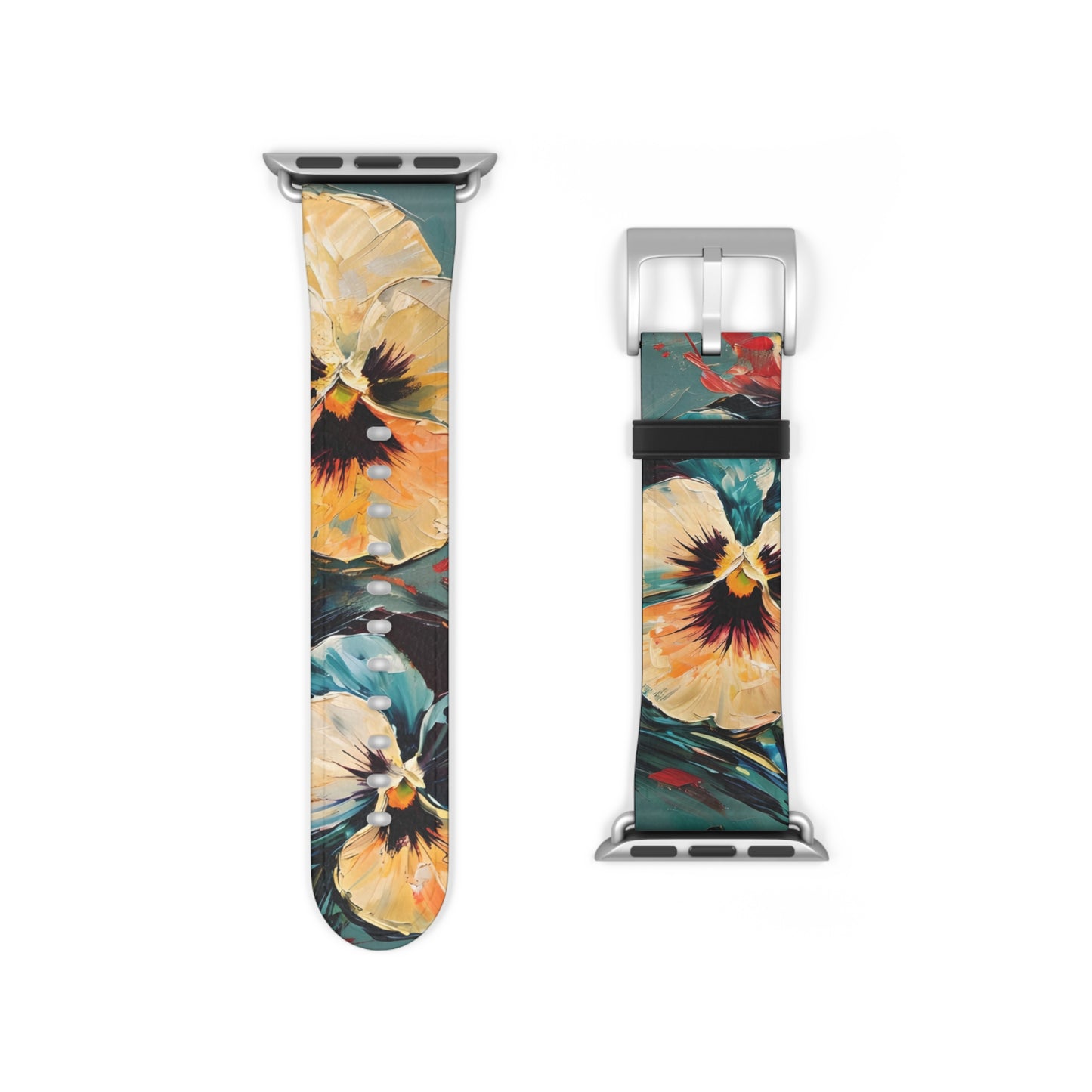 Golden Pansy Cascade Apple Watch band strap with pansy flower artwork and silver clasp