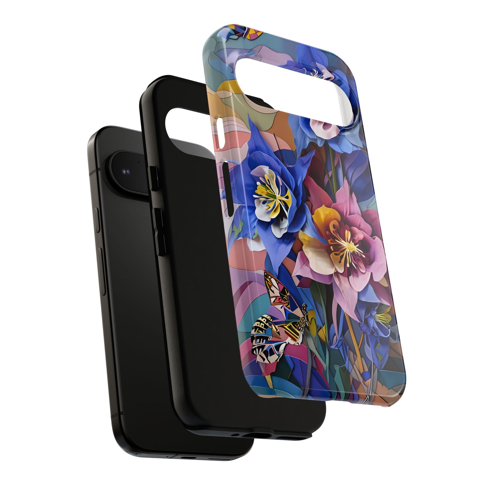 Blue Columbine Carnivale - Artistic Floral & Butterfly Google Pixel 9 Pro Tough Phone Case - Vibrant Botanical Design