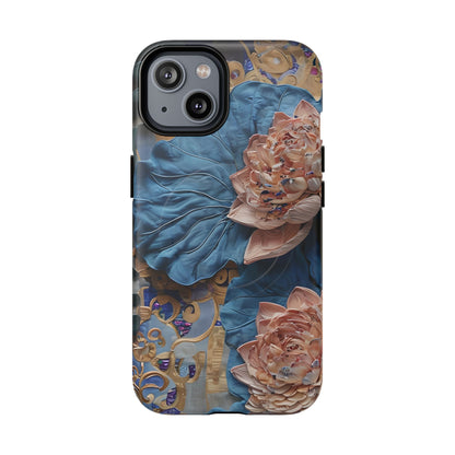 Peony Midnight Tapestry iPhone MagSafe case with blue and pink peony floral design