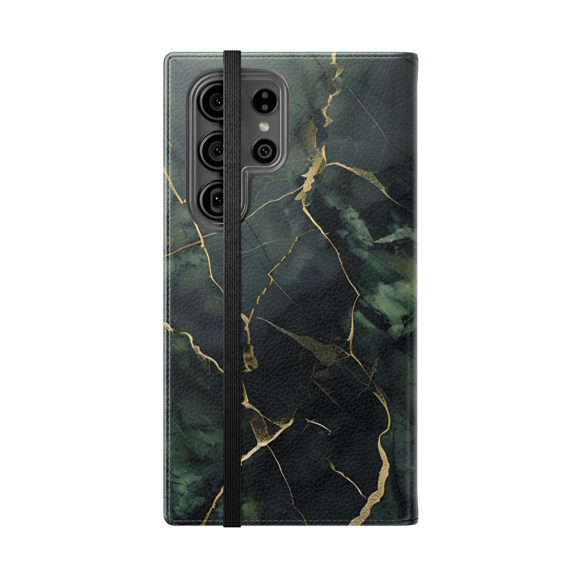 Verdant Vein Samsung Galaxy wallet flip phone case showing green marble folio cover design with gold veins