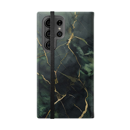 Verdant Vein Samsung Galaxy wallet flip phone case showing green marble folio cover design with gold veins