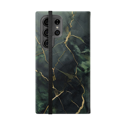 Verdant Vein Samsung Galaxy wallet flip phone case showing green marble folio cover design with gold veins