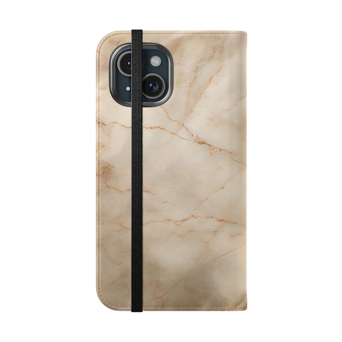 beige marble iPhone wallet flip phone case closed showing parchment marble pattern