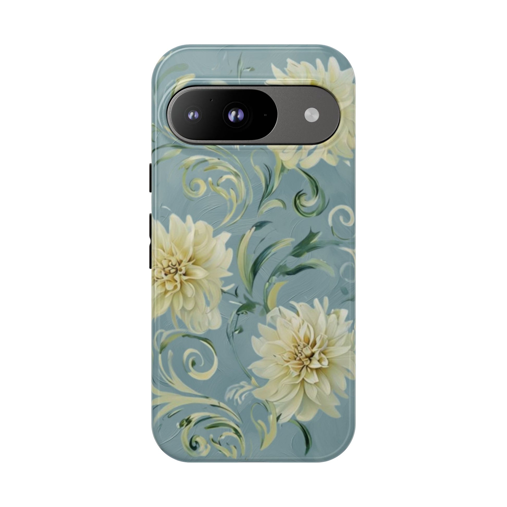 Golden Dahlia Trio - Elegant Floral Google Pixel 9 Tough Phone Case - Artistic White & Blue Dahlia Design