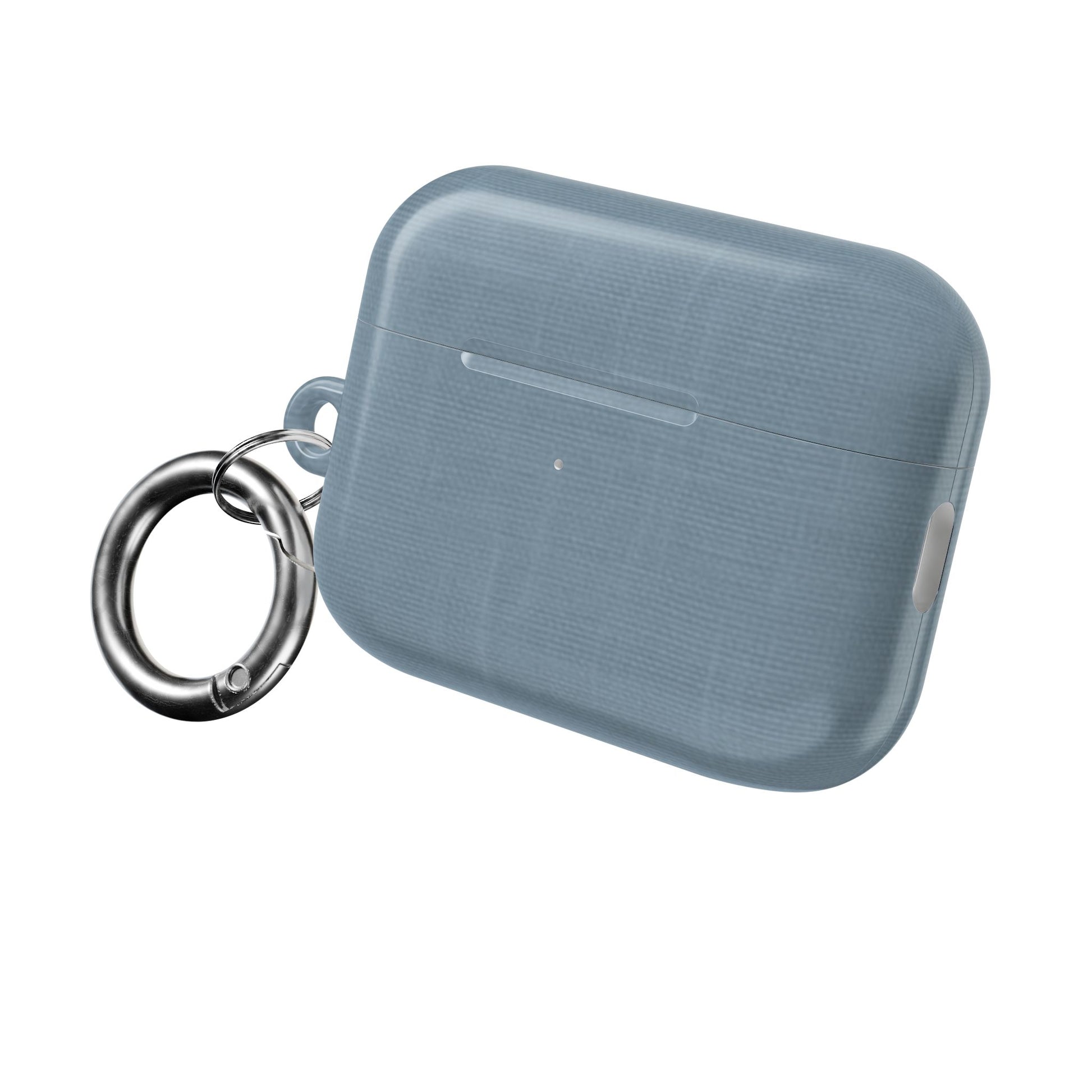 Blue Grey Linen AirPods protective case with fabric texture design and attached carabiner clip