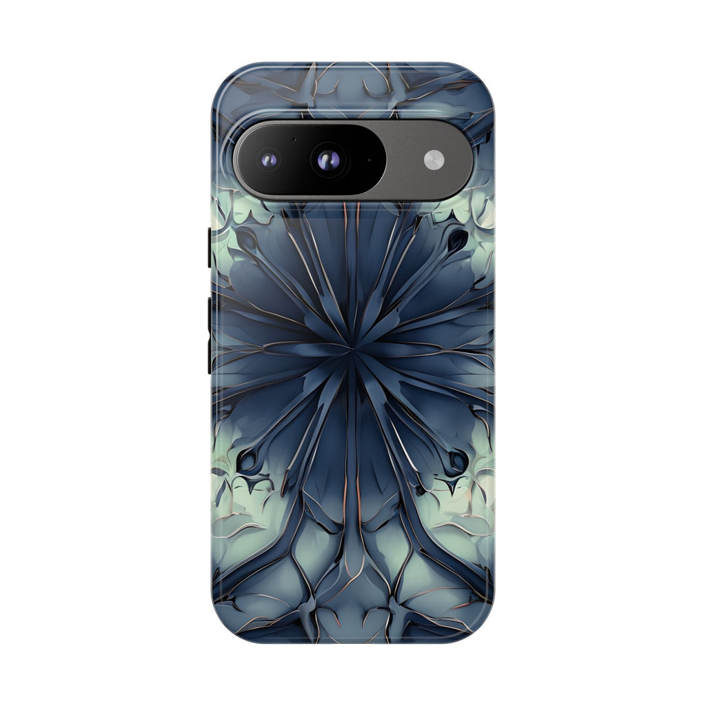 Indigo Mosaic - Artistic Kaleidoscope Collection Artistic Floral - Google Pixel 9 Tough Phone Case - Bold Blue Symmetrical Design