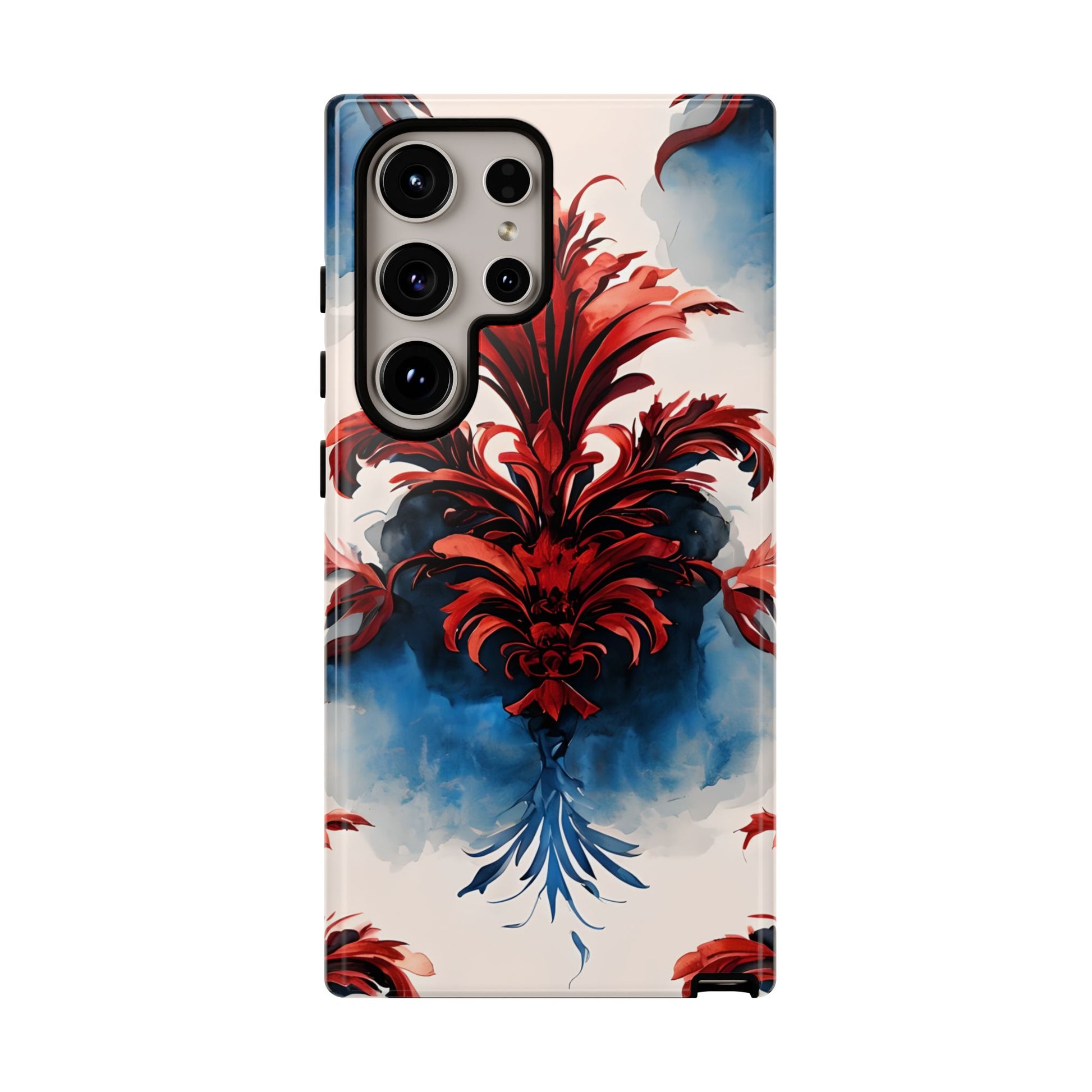 Crimson Plume - Bold Artistic Feather Samsung Galaxy S24 Ultra Tough Phone Case - Dramatic Red & Blue Design