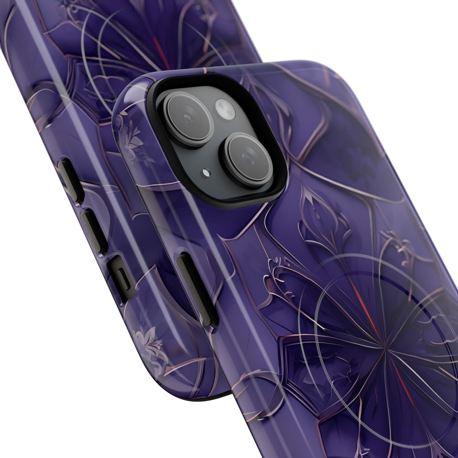 Violet Nebula - Kaleidoscope Collection Artistic Floral Burst - iPhone 15 Plus MagSafe Phone Case -Bold Purple Symmetrical Design