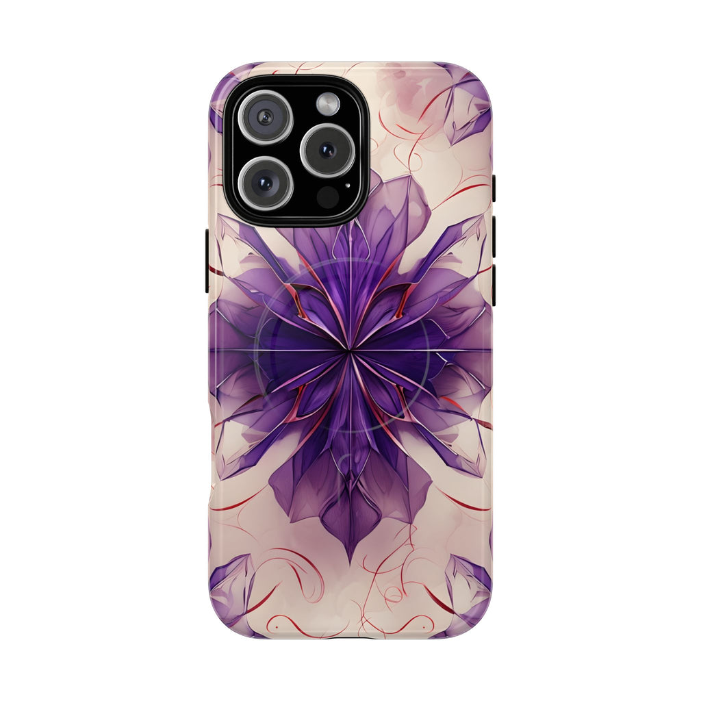Violet Reverie - Kaleidoscope Collection Artistic Floral Burst - iPhone 16 Pro Max MagSafe Phone Case - Bold Purple Symmetrical Design
