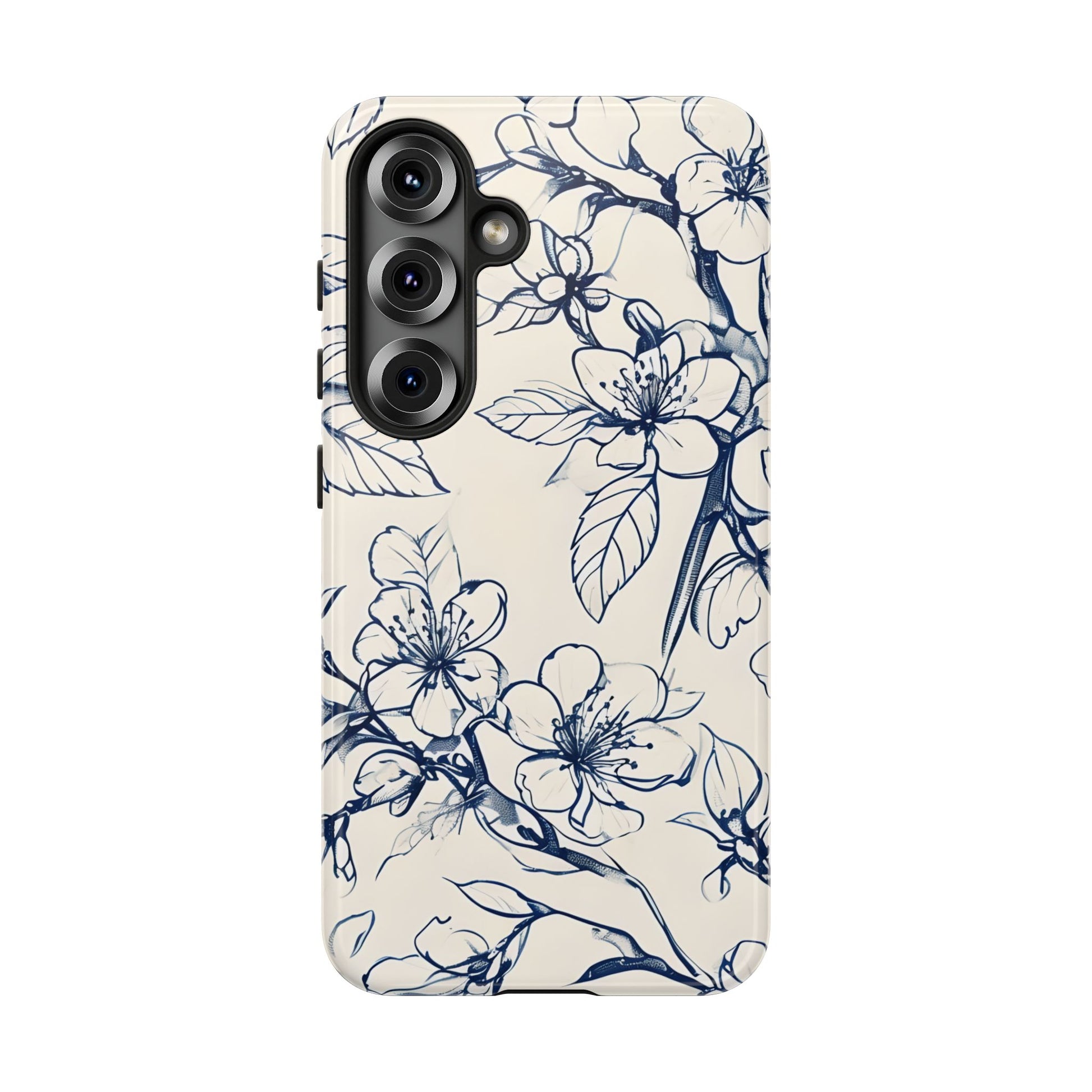 Blossom Sketch - Artistic Blue Floral Samsung Galaxy S25 Tough Phone Case - Hand-Drawn Botanical Design
