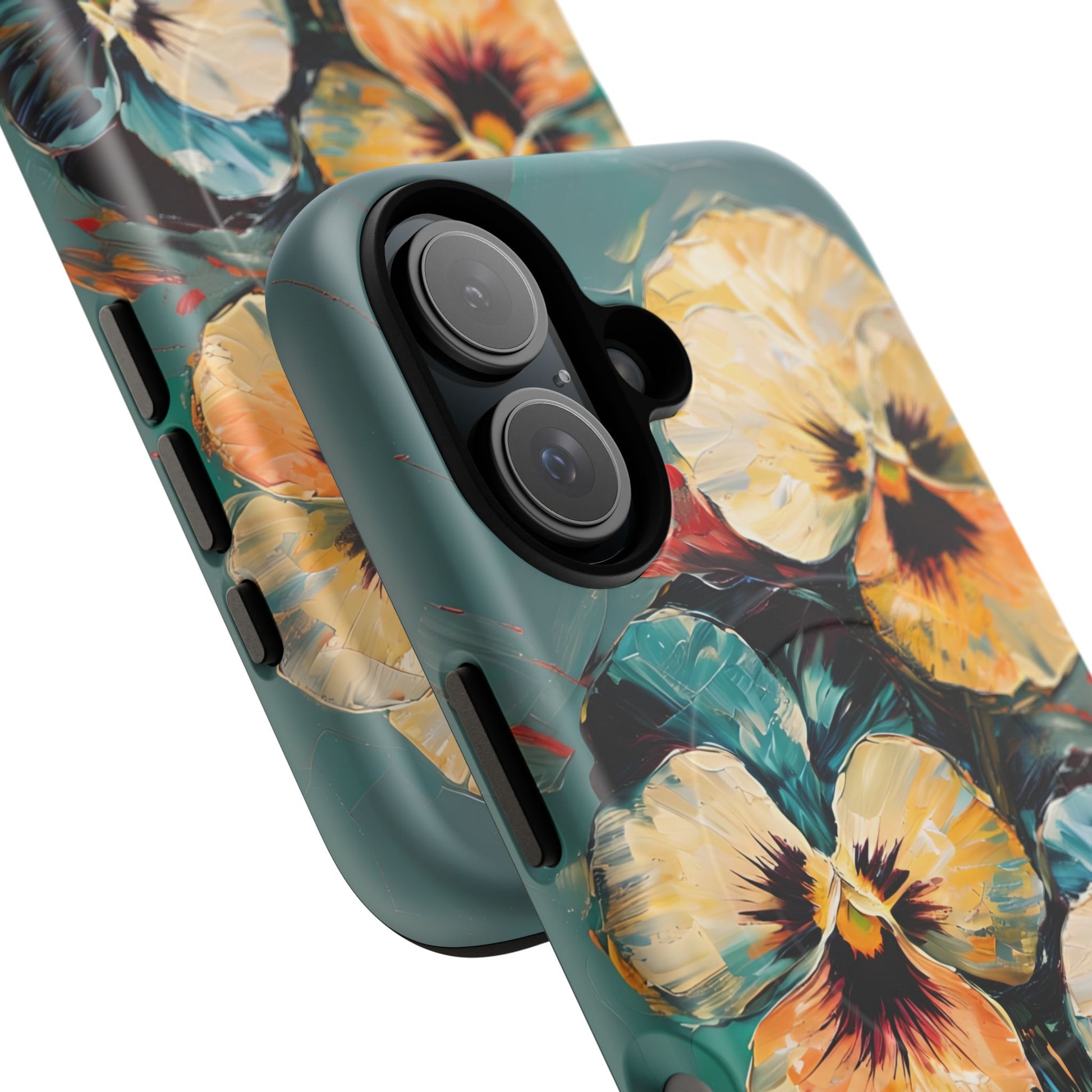 Golden Pansy Cascade - Elegant Floral iPhone 16 MagSafe Case with Deep Teal Background