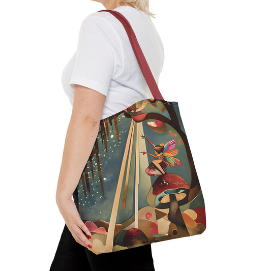 Enchanted Orchard canvas tote bag worn over shoulder showing colorful orchard artwork