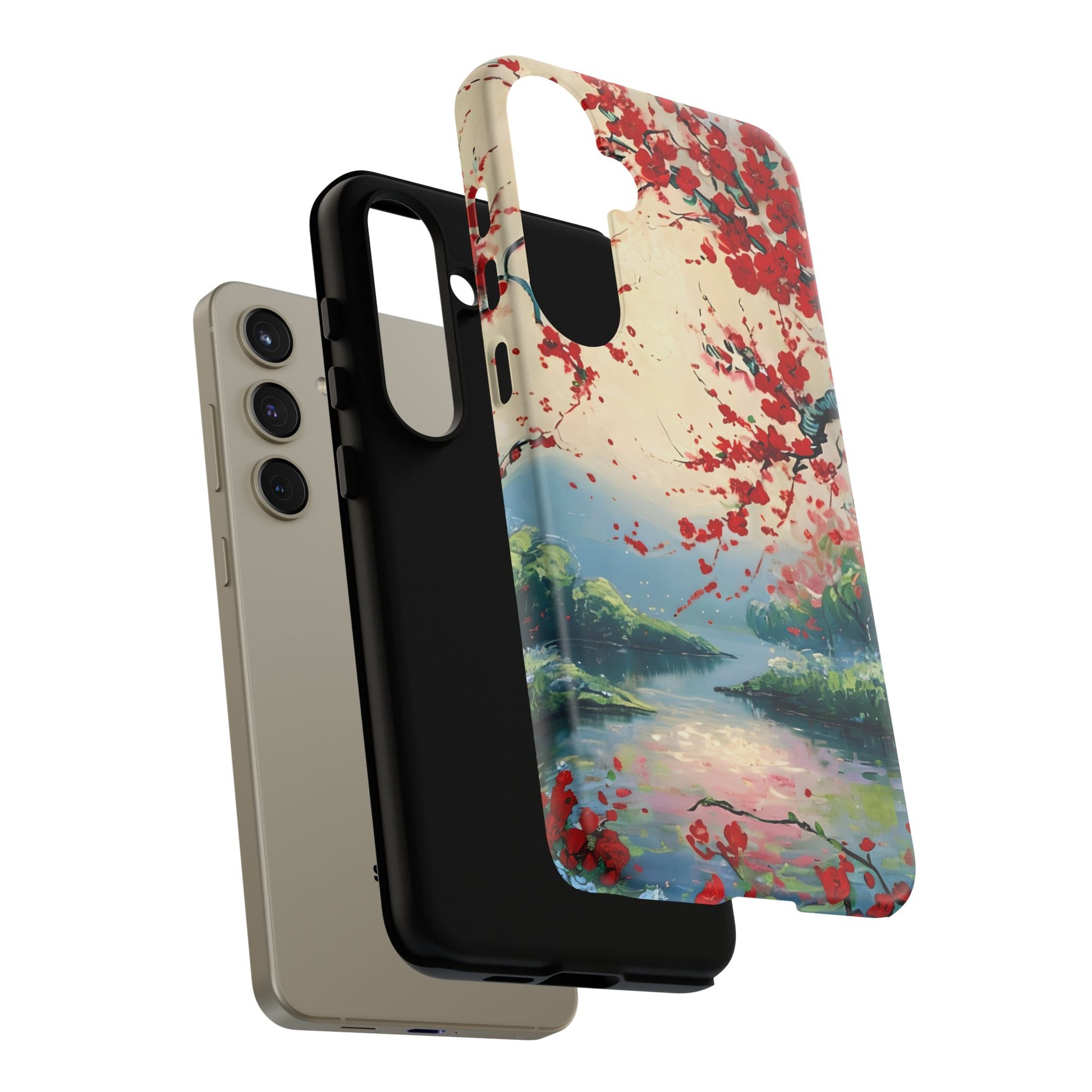 Crimson Blossom Lake - Artistic Floral Landscape Samsung Galaxy S24 Plus Tough Phone Case - Red Cherry Blossoms & Serene Lake Design