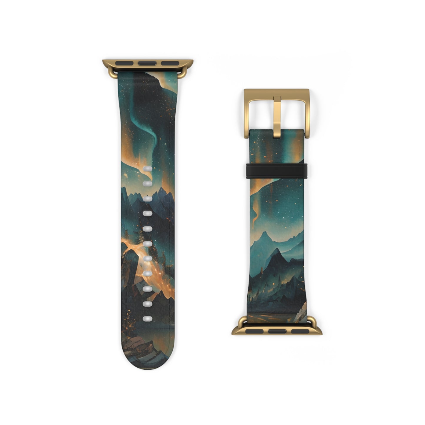 Aurora Dreamscape Apple Watch band strap with gold clasp featuring luminous northern lights landscape design