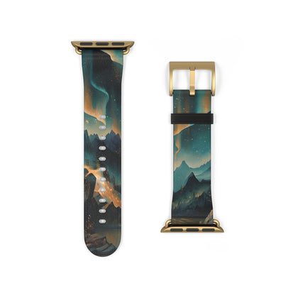 Aurora Dreamscape Apple Watch band strap with gold clasp featuring luminous northern lights landscape design